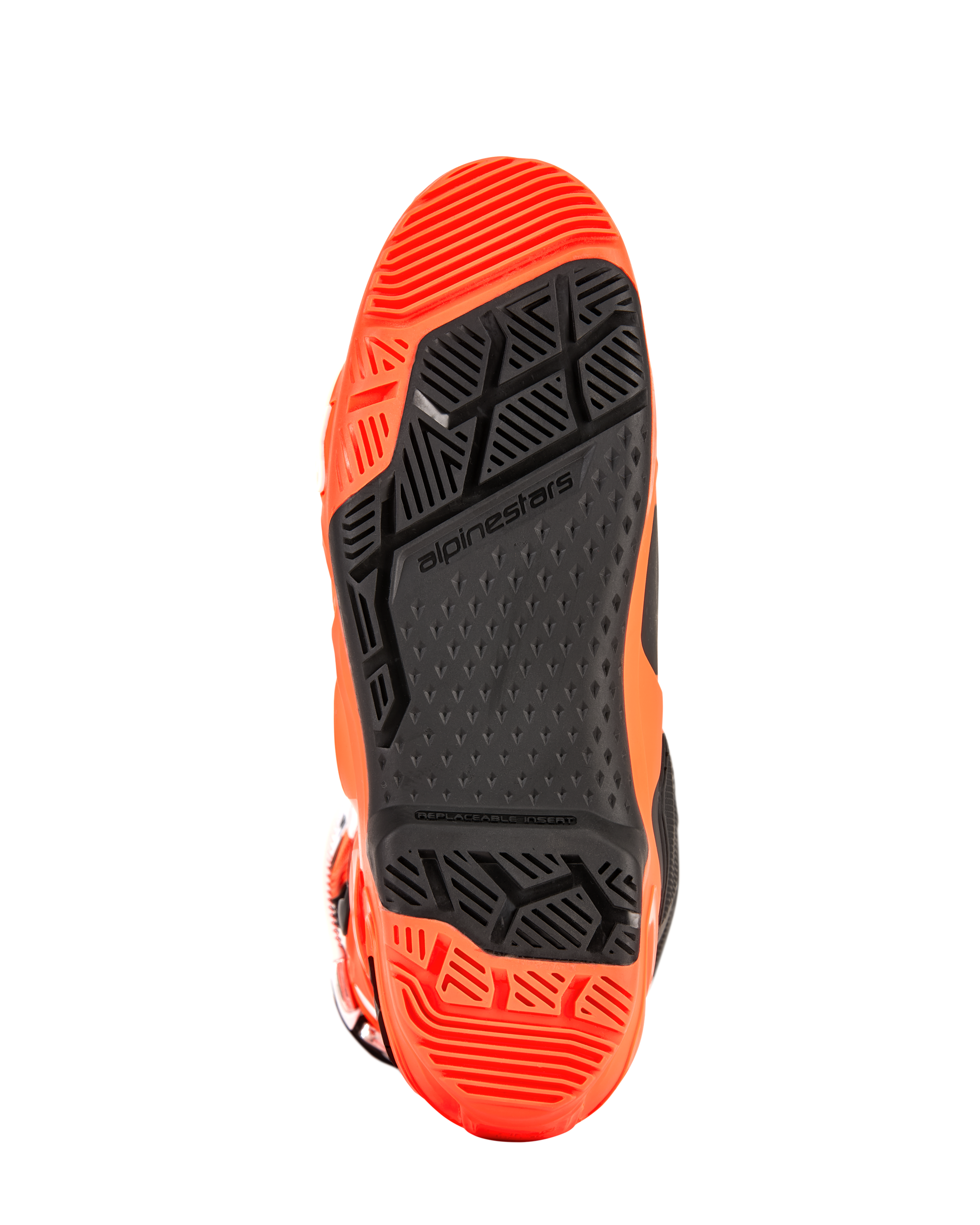 Stivali Alpinestars Tech 10 Enduro, vista dettagliata della suola, arancione fluo e nero, battistrada bi-composto con motivi geometrici ad alta aderenza, inserto pedana sostituibile per prestazioni fuoristrada