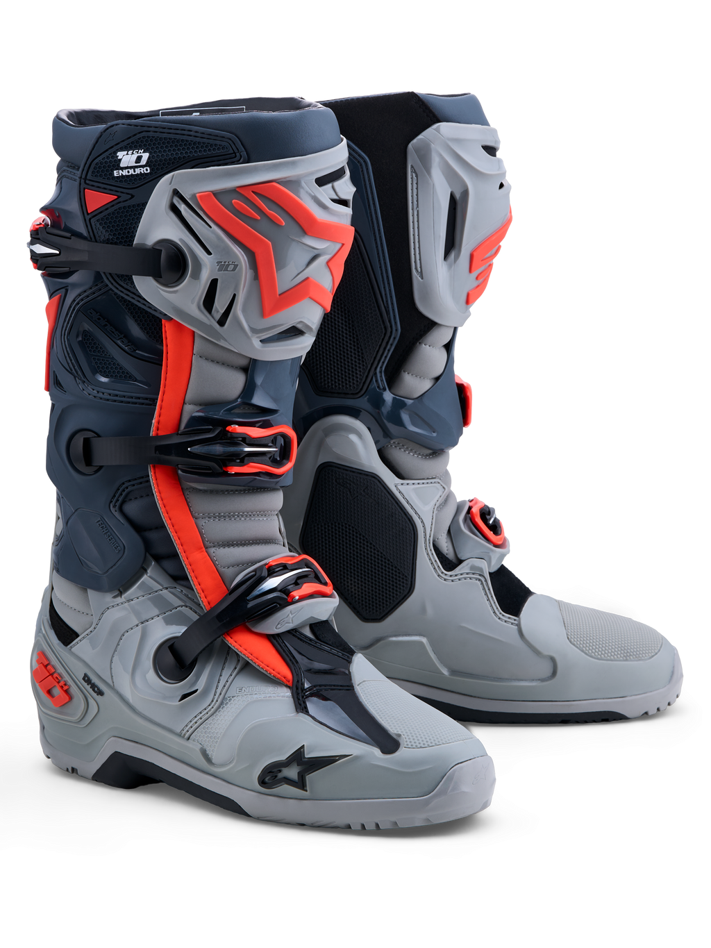 Alpinestars stivali Tech-10 Enduro, stivali da moto off-road uomo, grigio e rosso fluo, protezioni in TPU, certificati CE.