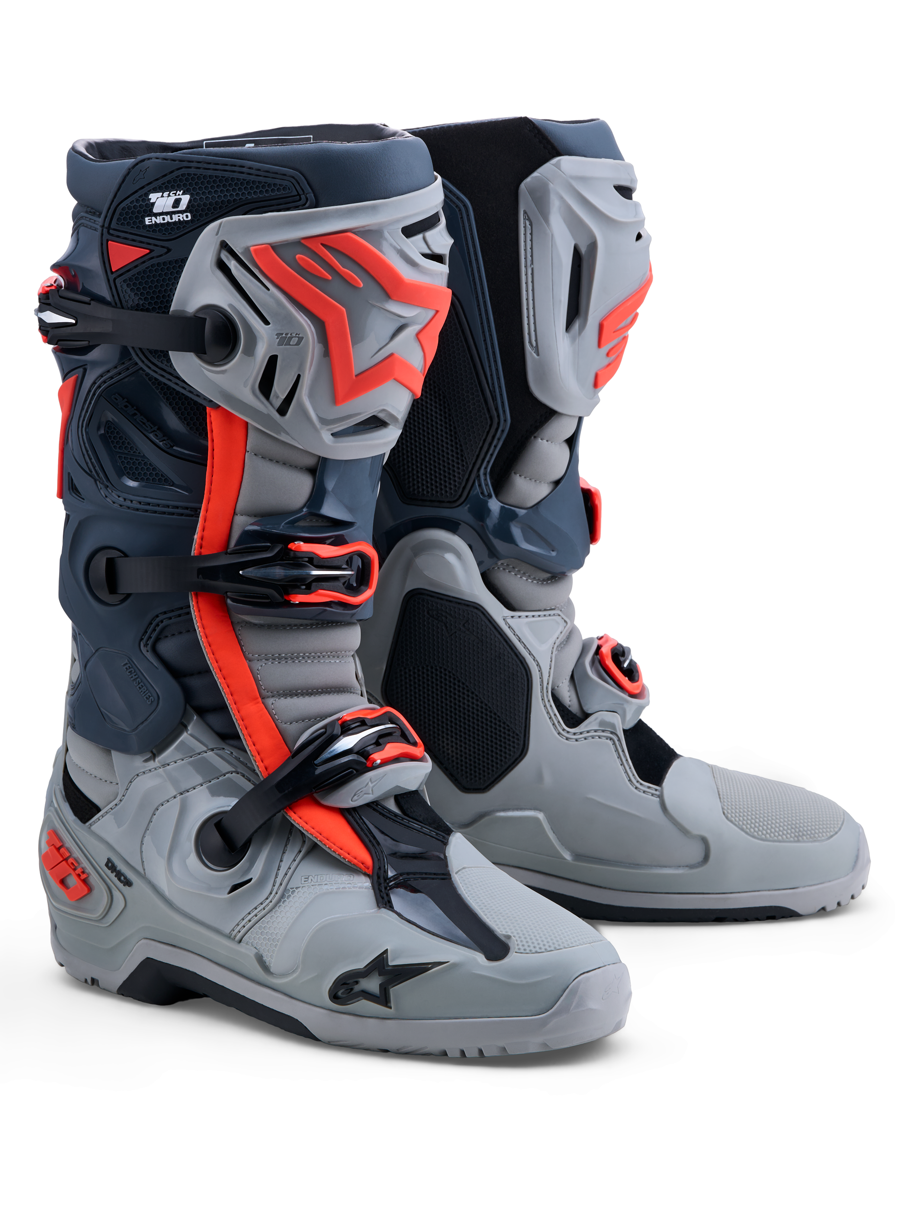 Alpinestars stivali Tech-10 Enduro, stivali da moto off-road uomo, grigio e rosso fluo, protezioni in TPU, certificati CE.