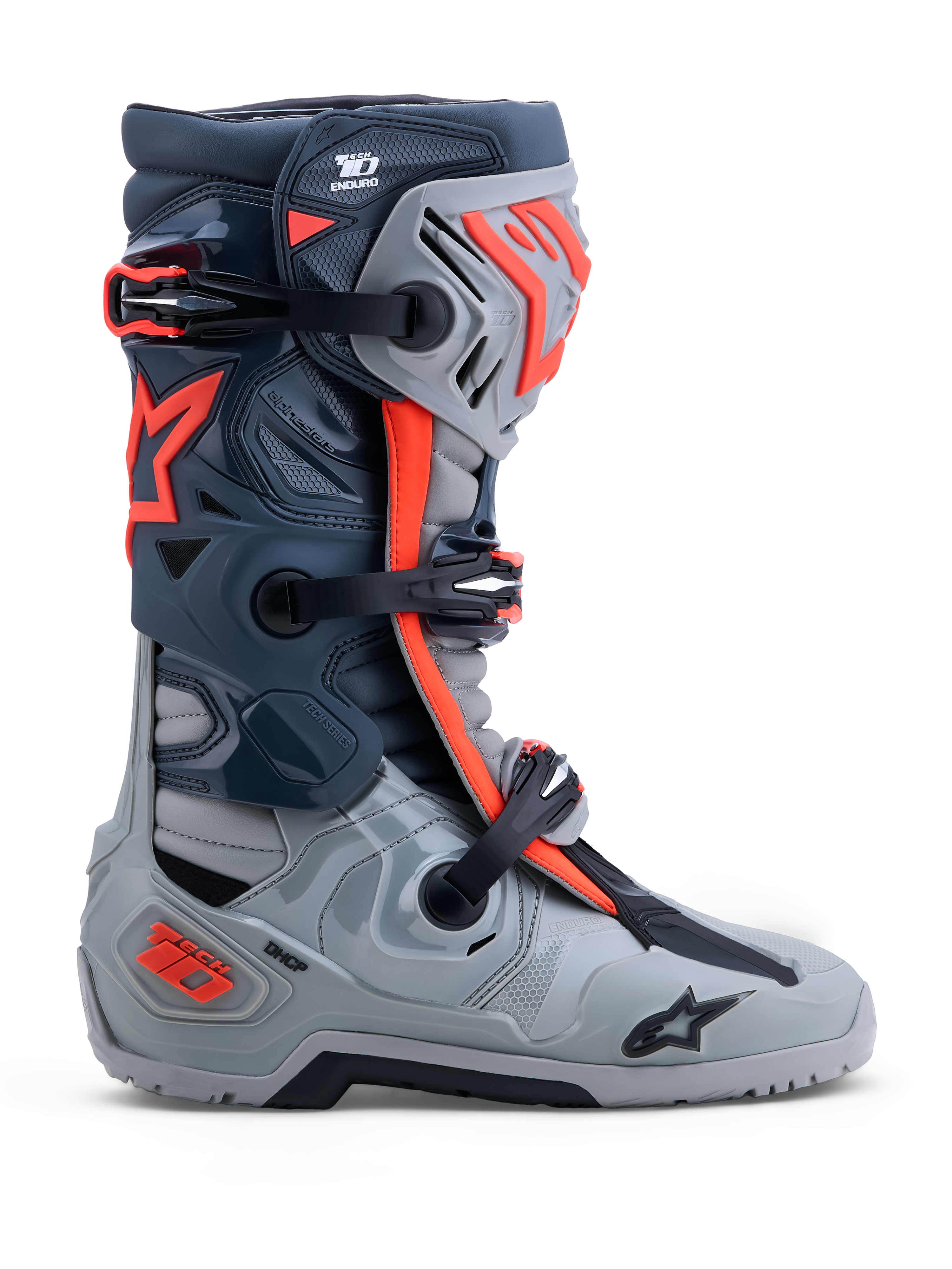 Alpinestars stivali Tech-10 Enduro, stivali da moto fuoristrada grigi e rossi fluo con protezioni in TPU e sistema DCHP.