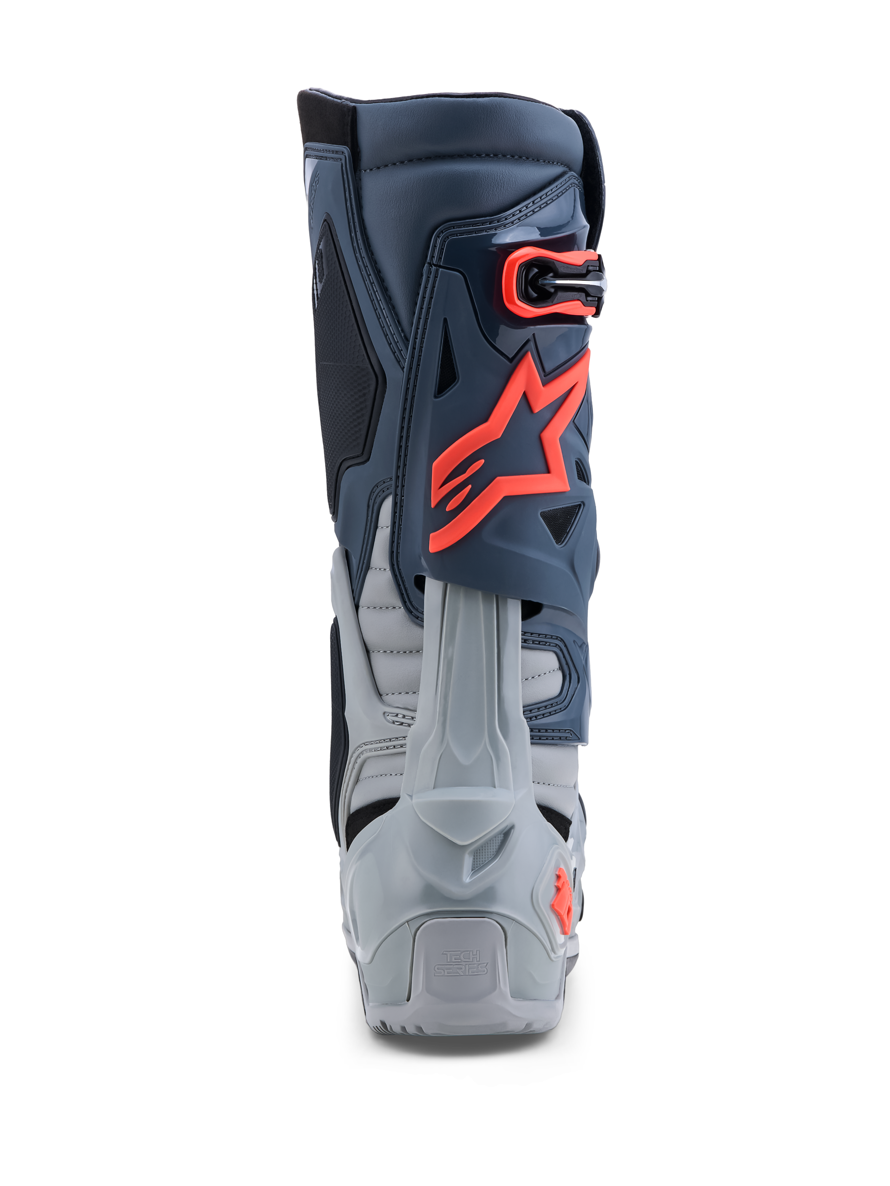 Alpinestars Tech-10 Enduro, stivali off-road grigi e rosso fluo, con protezione tallone e struttura in TPU, certificati CE.