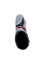 Alpinestars Stivali Tech-10 Enduro grigi e rossi fluo, stivali da motocross uomo, vista dall'alto di interno e fibbia.