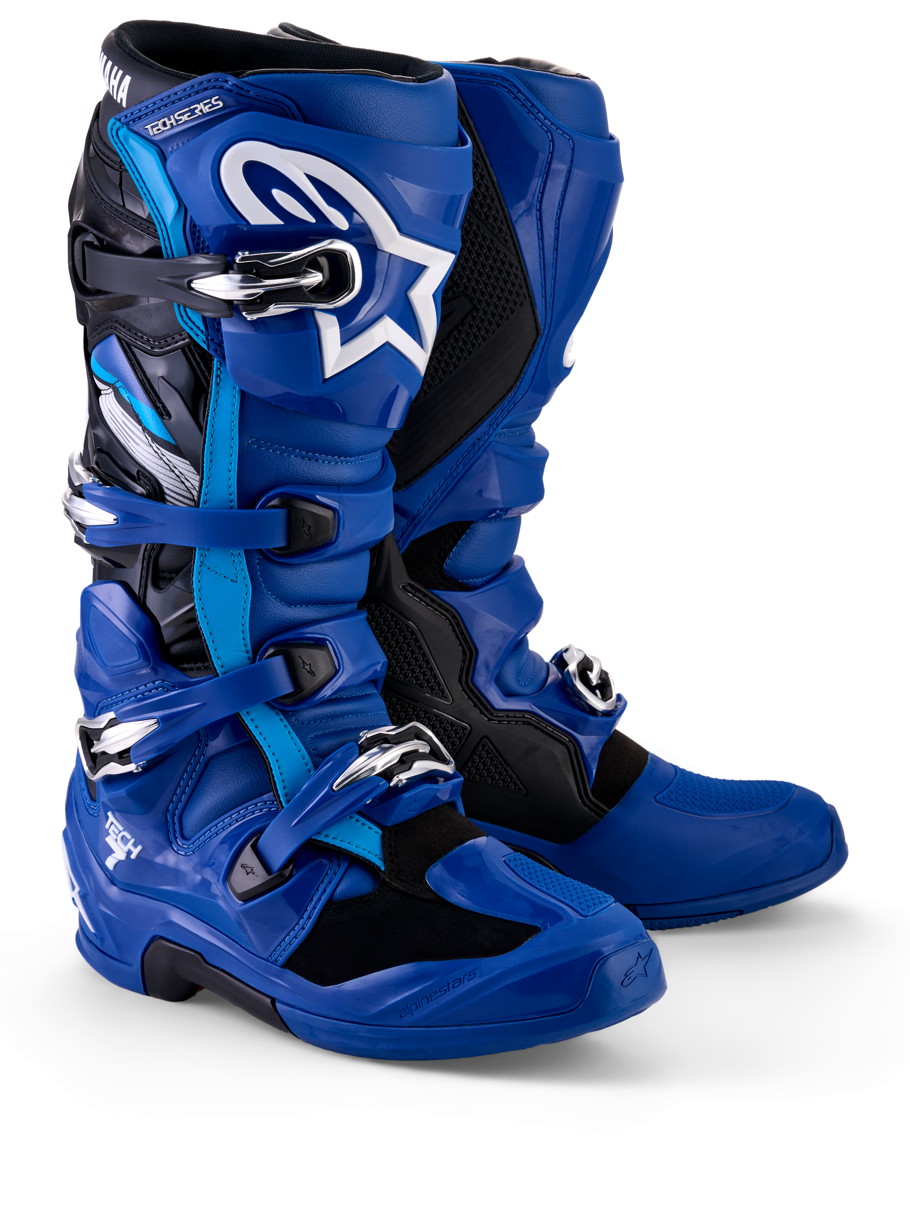 Stivali Alpinestars Yamaha Tech 7, stivali da motocross, blu, nero e bianco, con sistema di chiusura a fibbie multiple, placca tibiale in TPU con logo Astar bianco e marchio Yamaha sulla ghetta superiore, progettati per prestazioni off-road