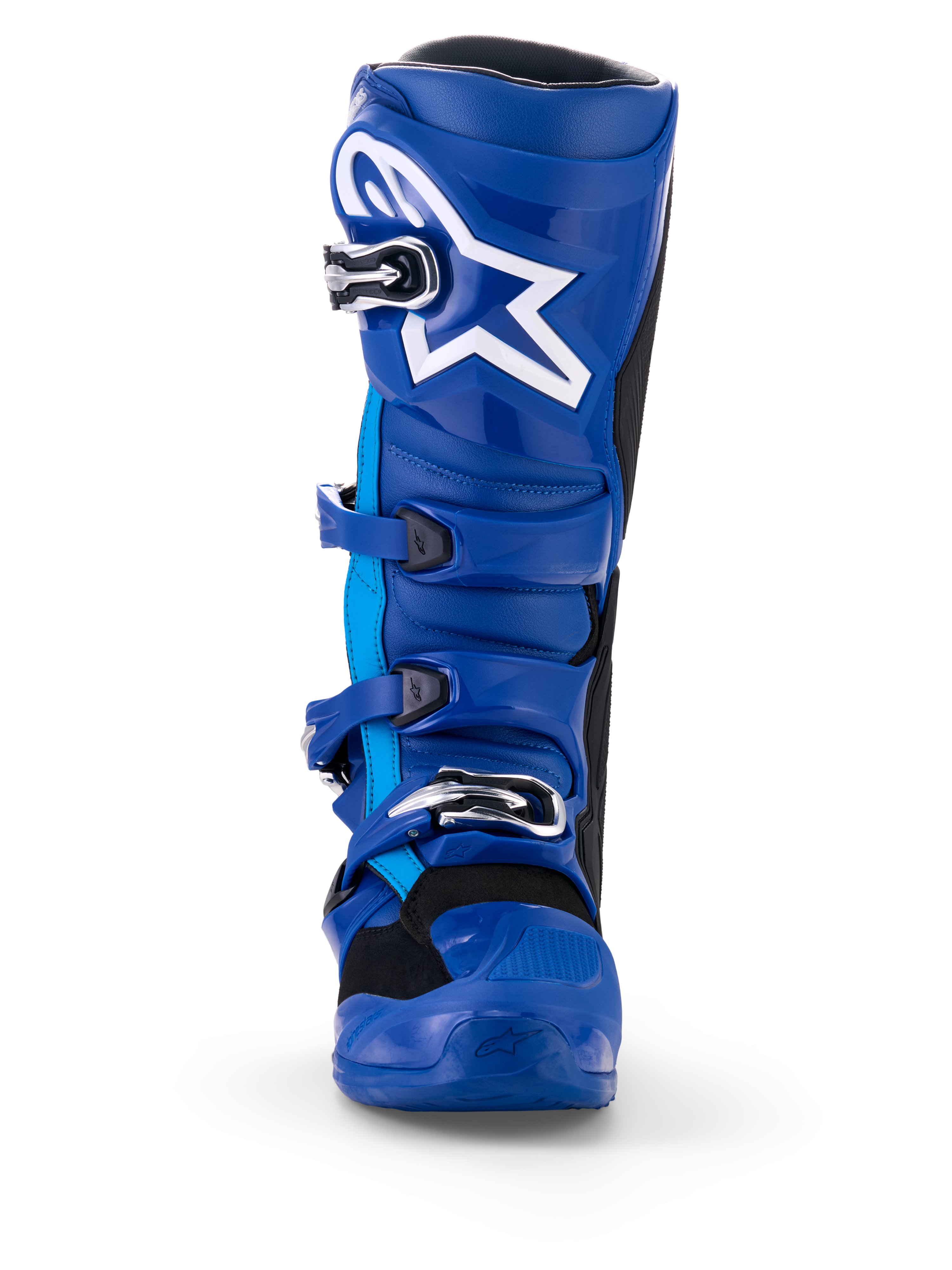 Alpinestars Yamaha Tech 7 Boots, stivali da motocross, blu e bianco, vista frontale, con logo Astar bianco, sistema di fibbie argentate e robusta scocca protettiva in TPU per gare di motocross
