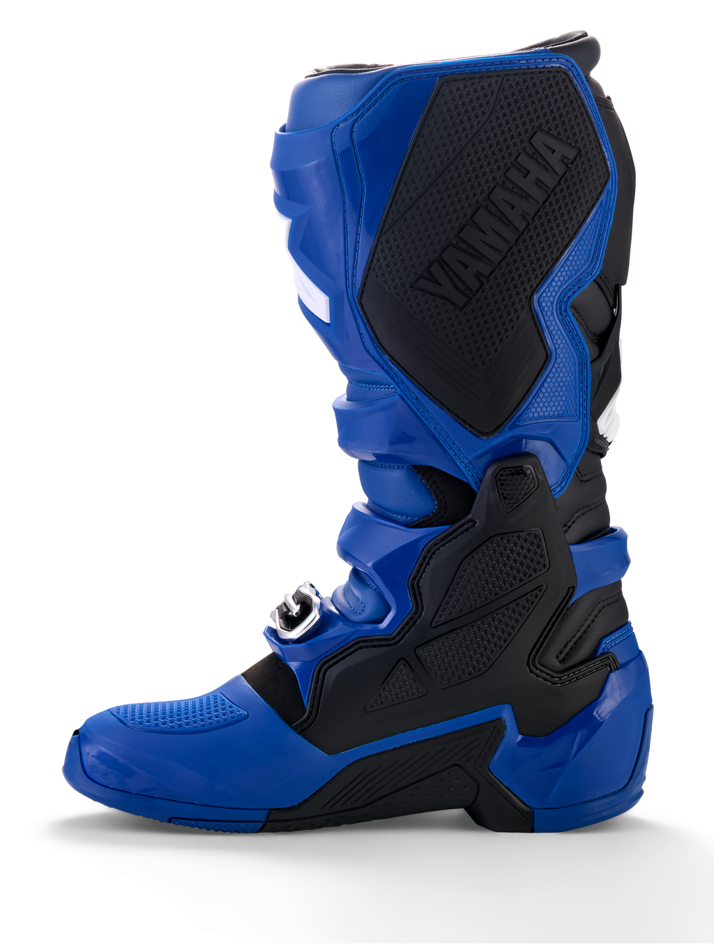 Stivali Alpinestars Yamaha Tech 7, stivali da motocross, blu e nero, con un grande logo Yamaha nero sul pannello mediale interno, protezioni in TPU e suola robusta per prestazioni fuoristrada