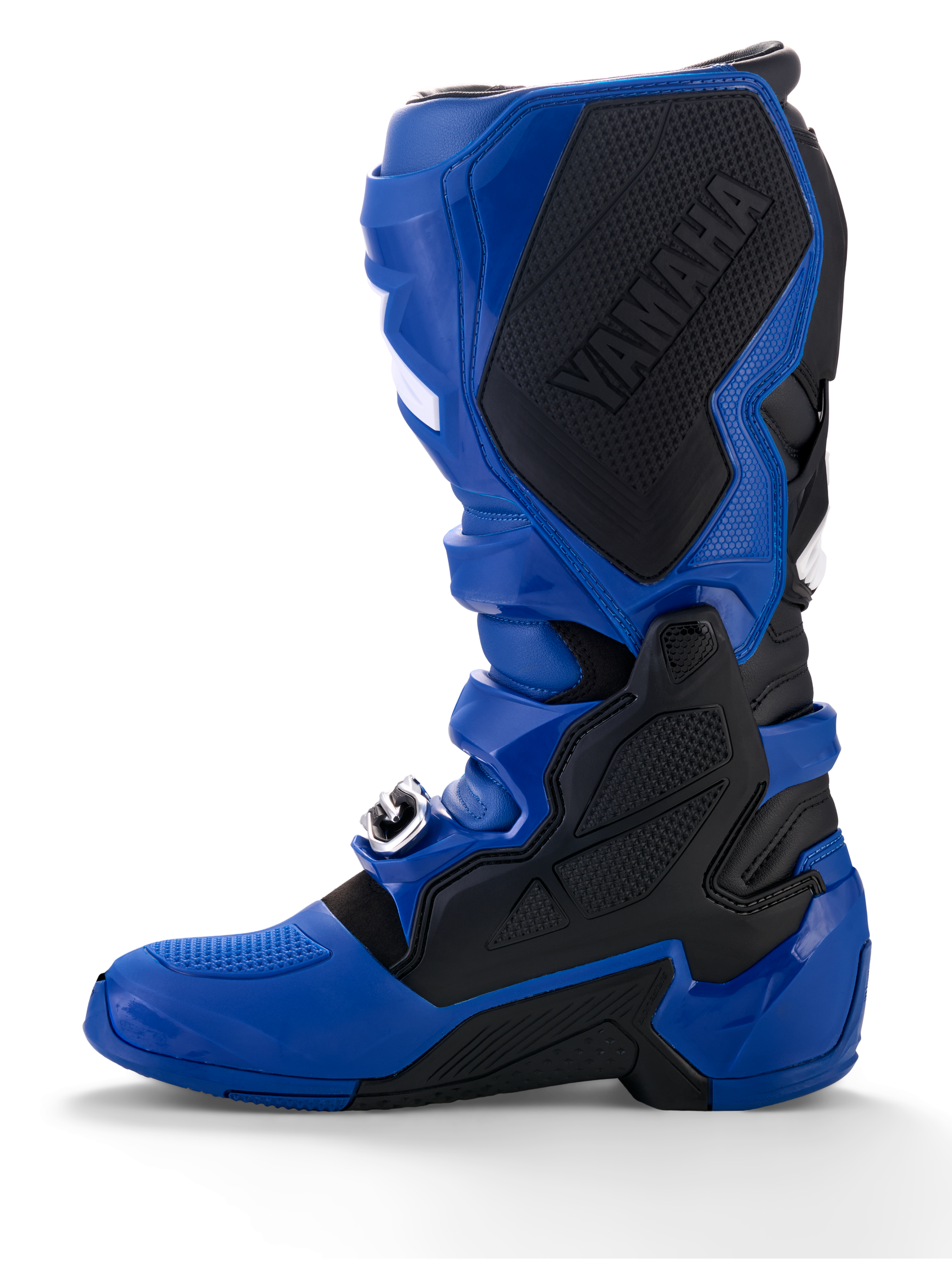 Stivali Alpinestars Yamaha Tech 7, stivali da motocross, blu e nero, con un grande logo Yamaha nero sul pannello mediale interno, protezioni in TPU e suola robusta per prestazioni fuoristrada