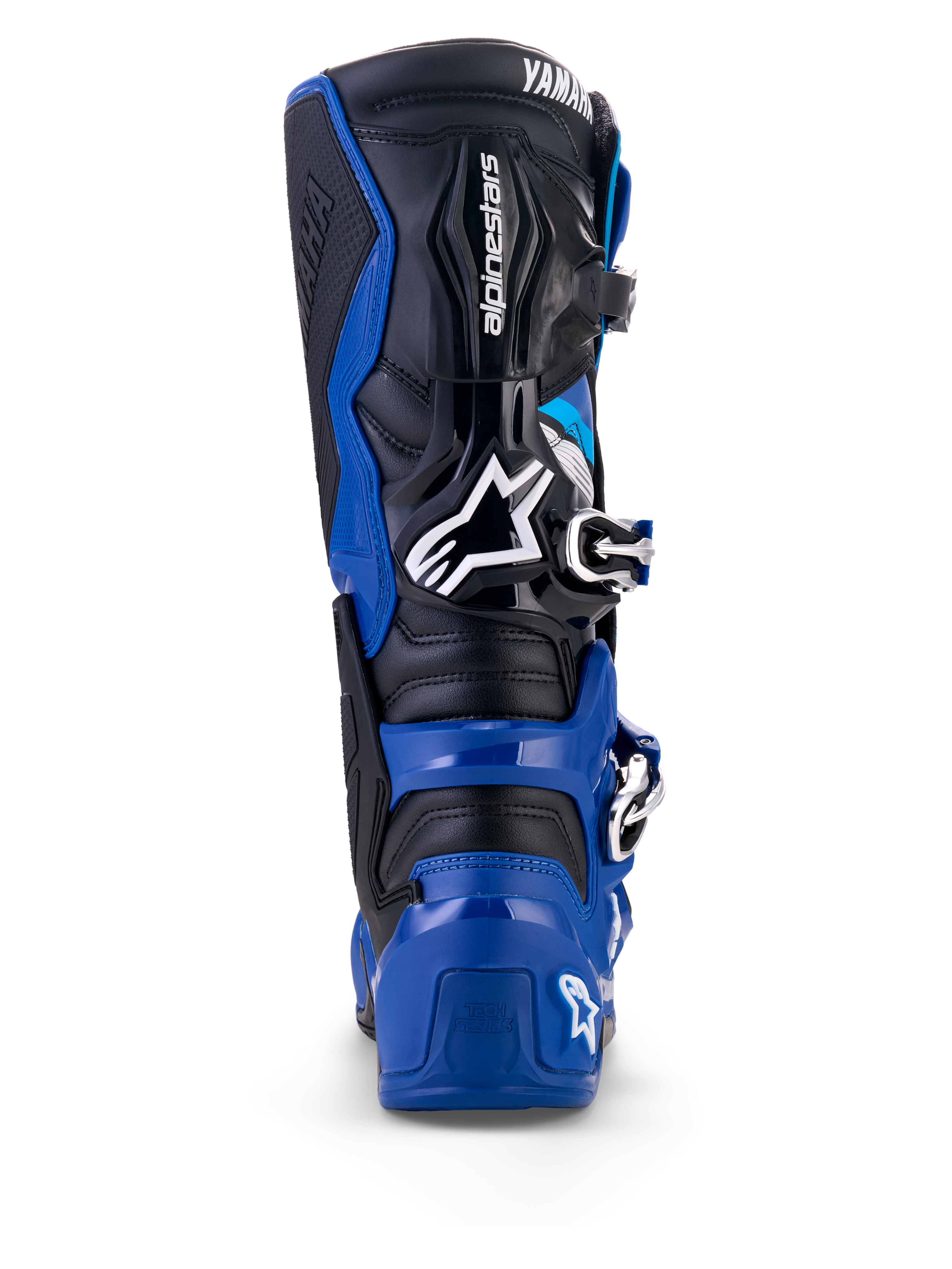Vista posteriore degli stivali Alpinestars Yamaha Tech 7 in blu, nero e bianco, con guscio protettivo in TPU, sistema articolato della caviglia e loghi Alpinestars e Yamaha in evidenza, progettati per motocross e fuoristrada.