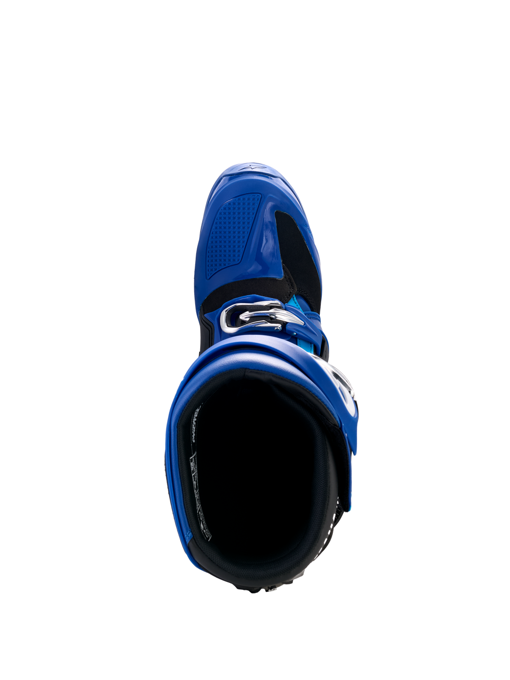 Stivali Alpinestars Yamaha Tech 7, stivali da motocross, blu nero e bianco, vista dall'alto con apertura interna e sistema di fibbie regolabili, calzatura protettiva ad alte prestazioni per gare fuoristrada
