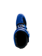 Stivali Alpinestars Yamaha Tech 7, stivali da motocross, blu nero e bianco, vista dall'alto con apertura interna e sistema di fibbie regolabili, calzatura protettiva ad alte prestazioni per gare fuoristrada