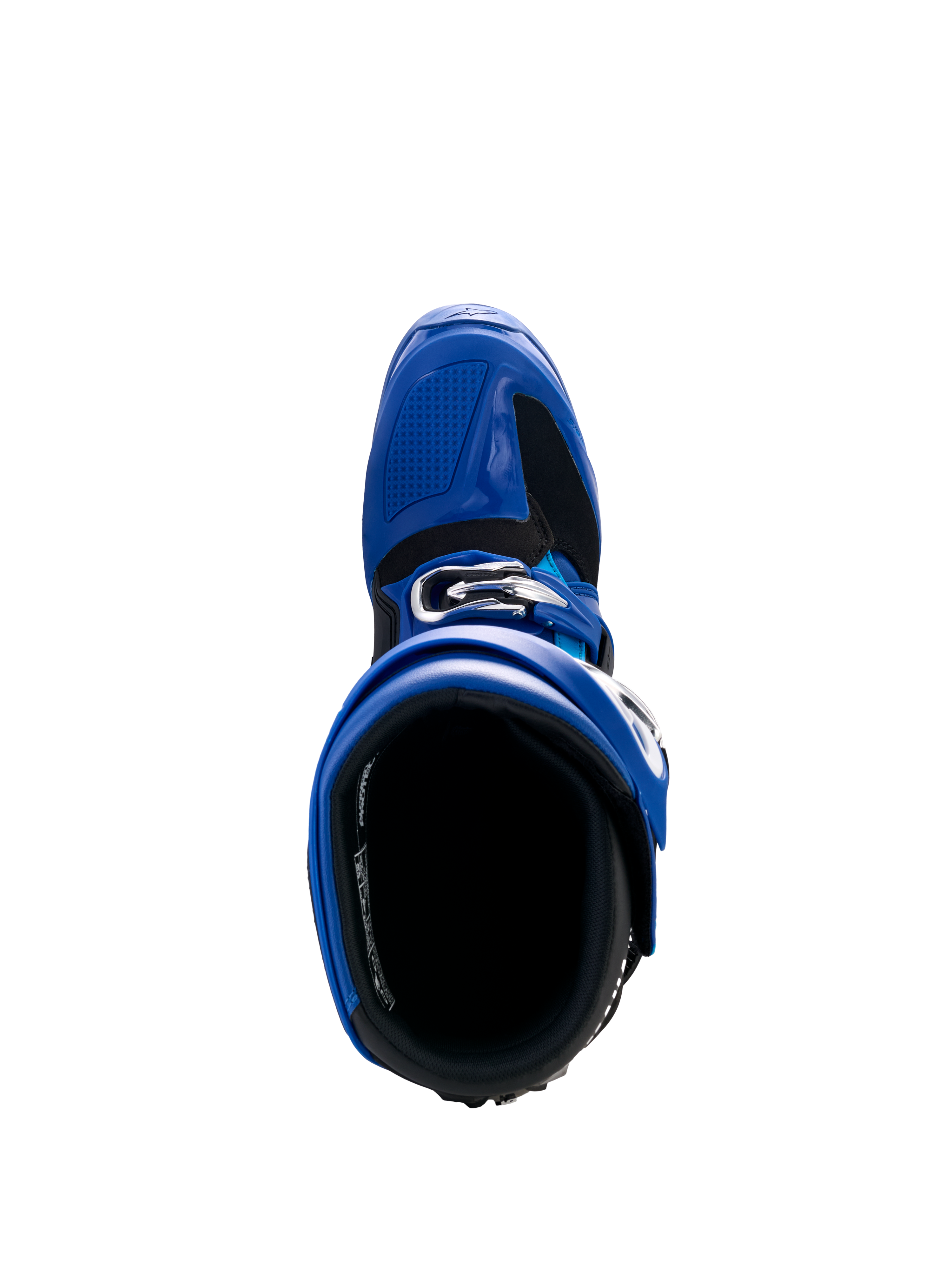 Stivali Alpinestars Yamaha Tech 7, stivali da motocross, blu nero e bianco, vista dall'alto con apertura interna e sistema di fibbie regolabili, calzatura protettiva ad alte prestazioni per gare fuoristrada