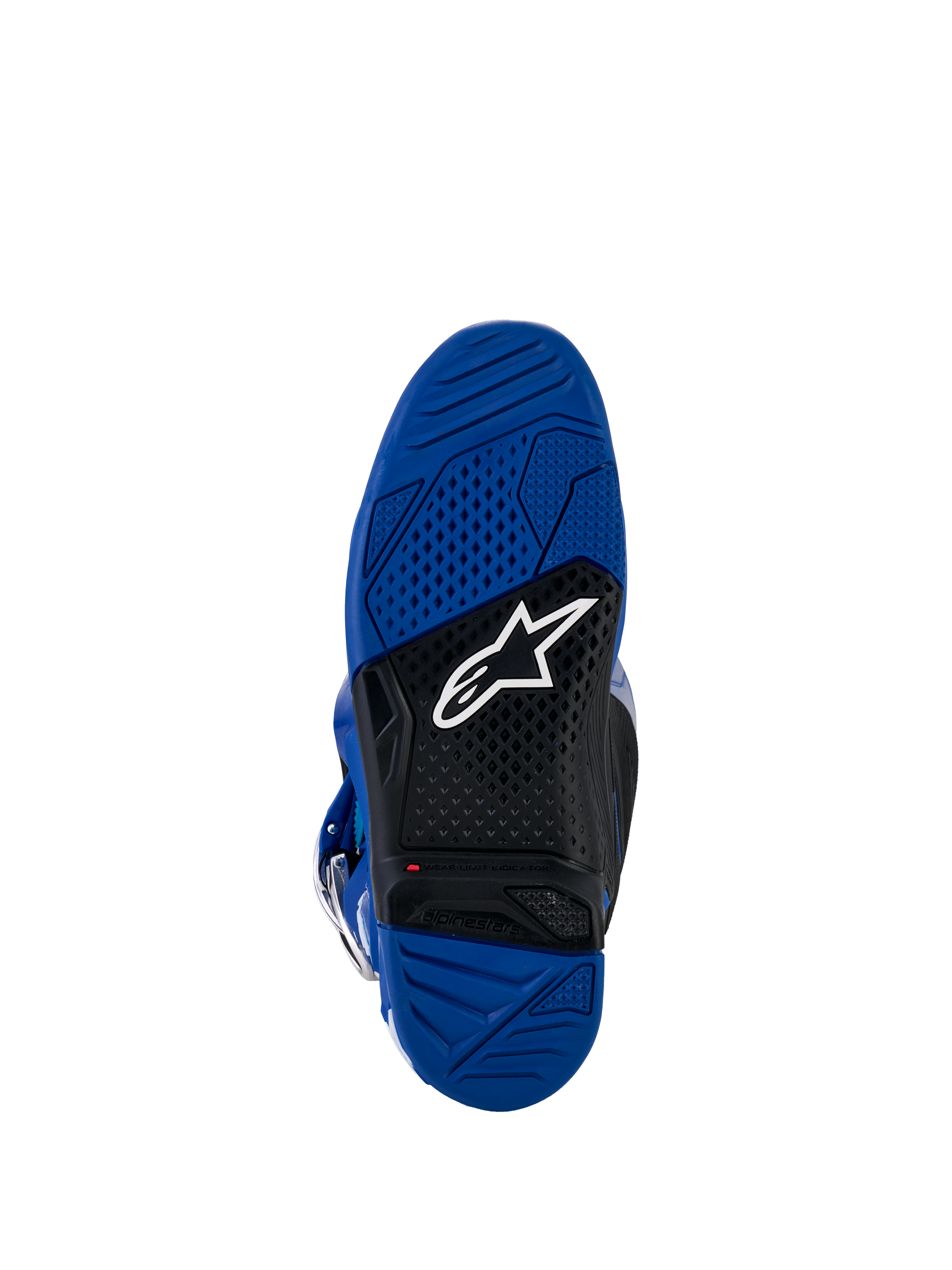 Stivali Alpinestars Yamaha Tech 7, stivali da motocross, vista della suola blu e nera, suola in gomma vulcanizzata a doppia mescola con motivo testurizzato per il grip, con logo Alpinestars bianco e indicatore del limite di usura rosso