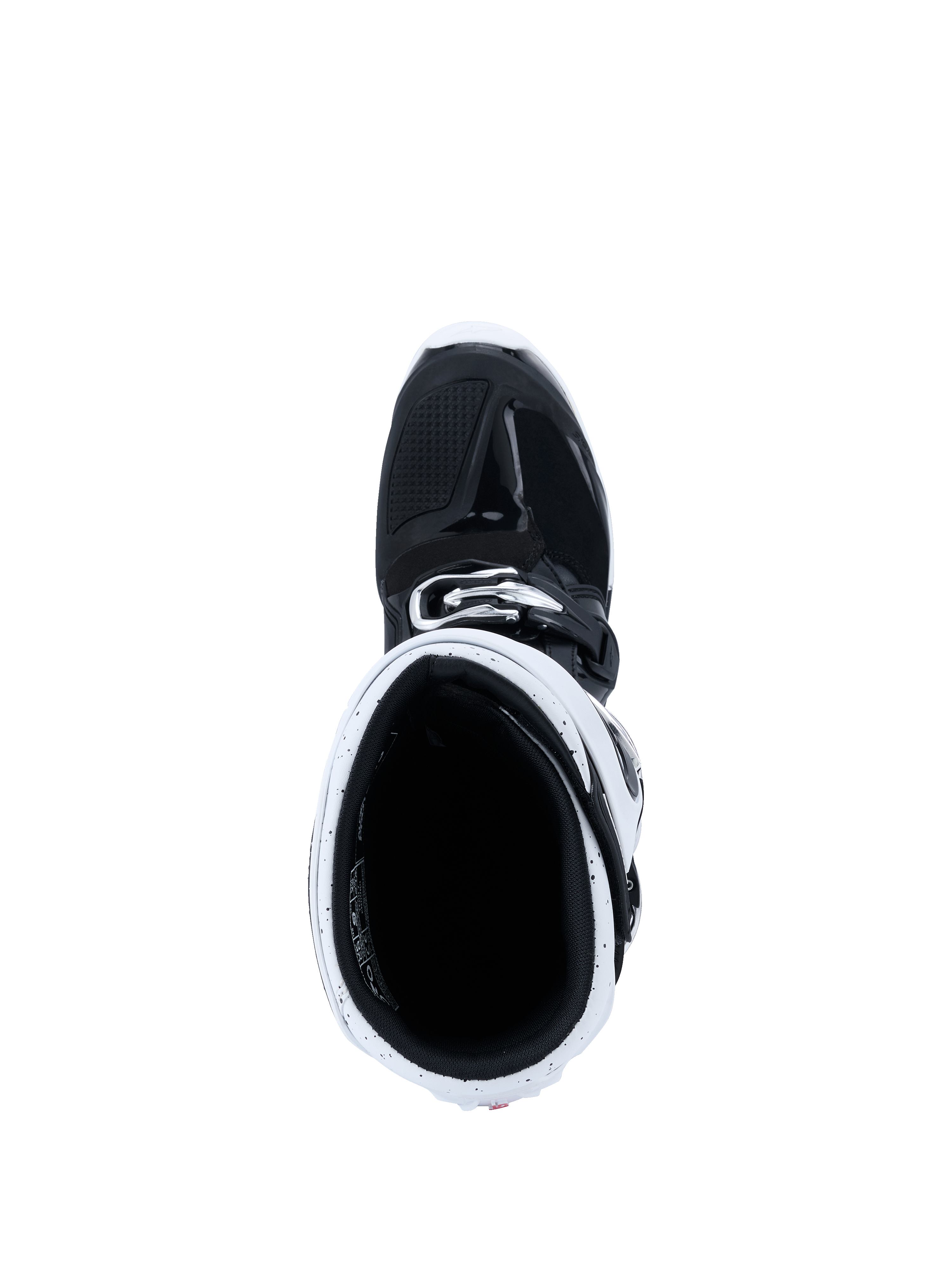 Stivali Alpinestars Tech 7 Enduro 2026, stivali da motocross, bianco e nero, vista dall'alto all'interno del gambale che mostra la ghetta bianca e l'interno nero, attrezzatura tecnica per enduro e fuoristrada