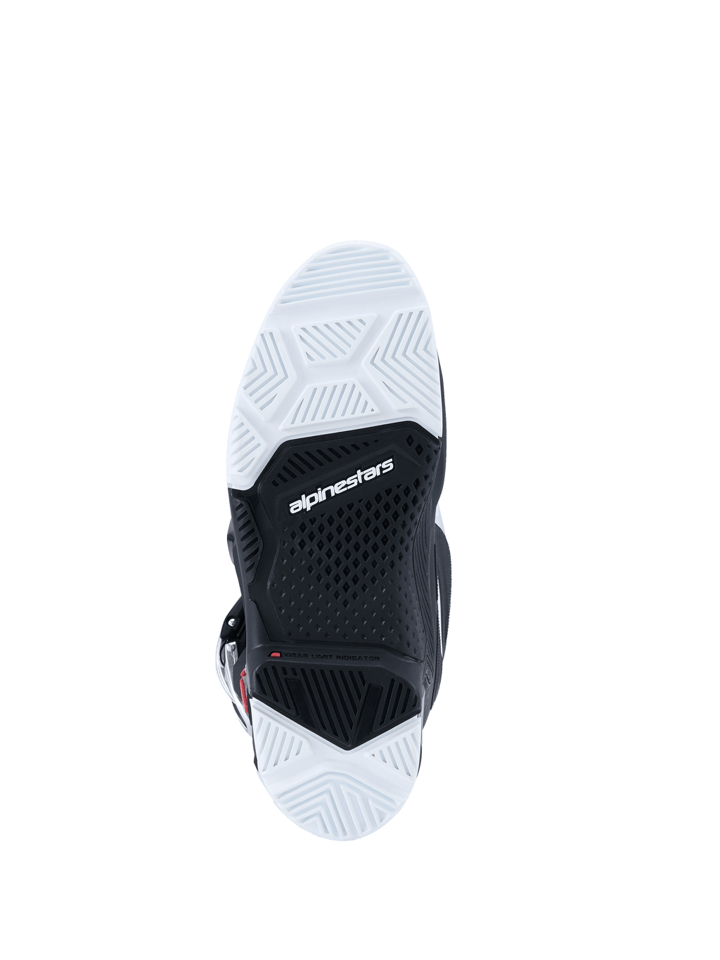 Stivali Alpinestars 2026 Tech 7 Enduro, vista inferiore della suola, suola a doppia mescola bianca e nera con battistrada testurizzato, logo Alpinestars al centro, progettata per durata e aderenza su terreni off-road