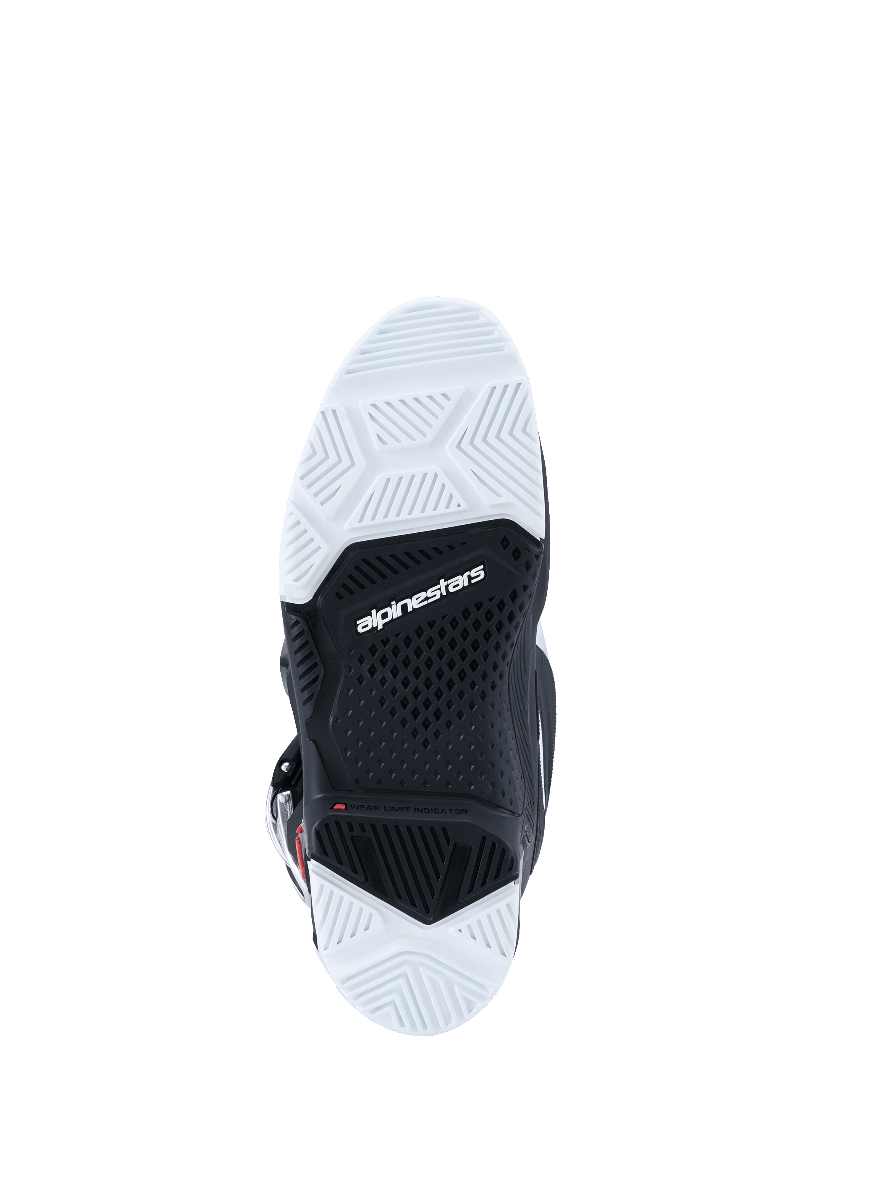 Stivali Alpinestars 2026 Tech 7 Enduro, vista inferiore della suola, suola a doppia mescola bianca e nera con battistrada testurizzato, logo Alpinestars al centro, progettata per durata e aderenza su terreni off-road