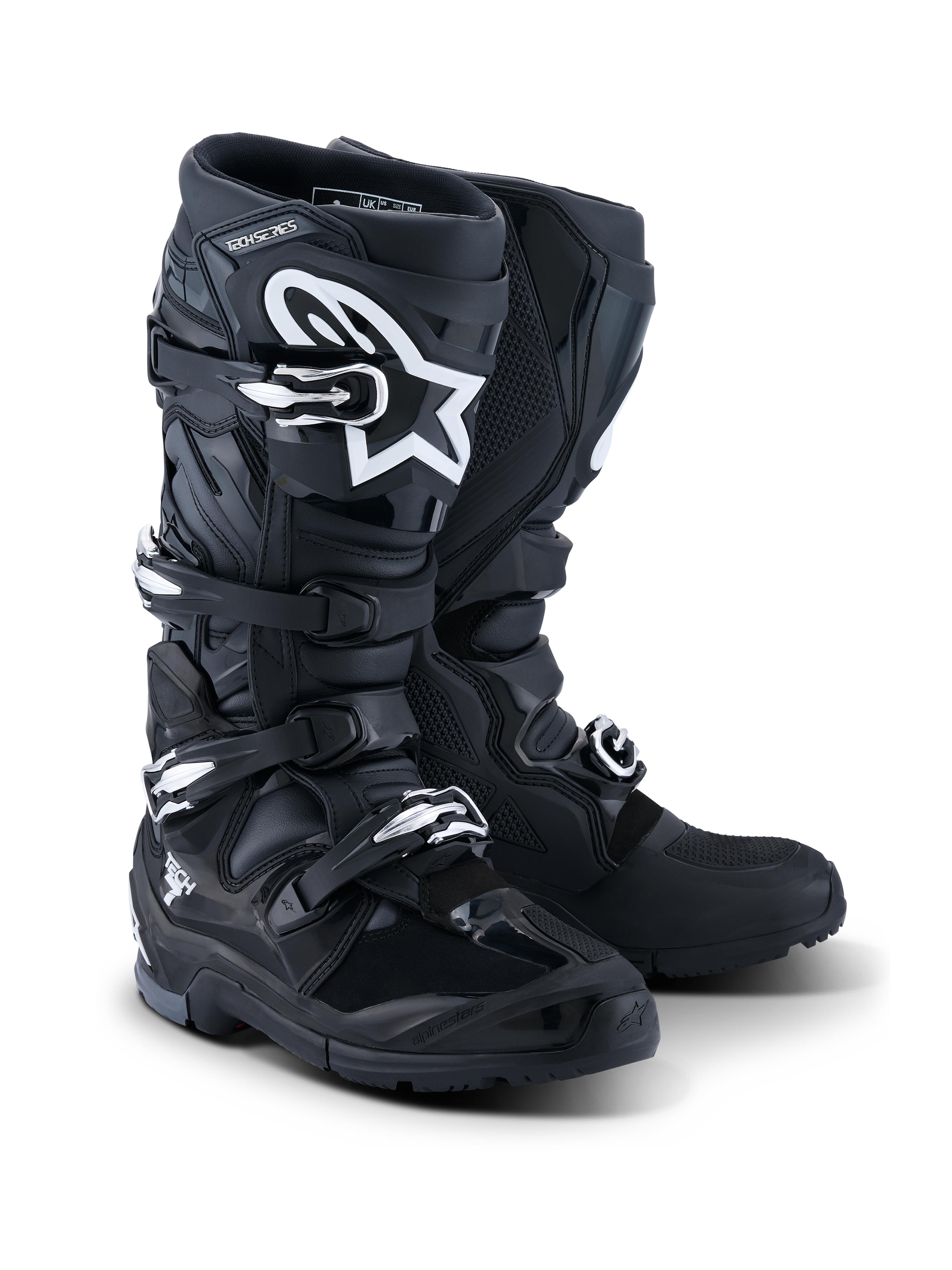 Alpinestars 2026 Tech 7 Enduro Boots, stivali moto enduro, nero antracite e bianco, dotati di un sistema di chiusura a quattro fibbie, logo A-star bianco sulla placca tibiale, suola robusta a doppia mescola per trazione off-road