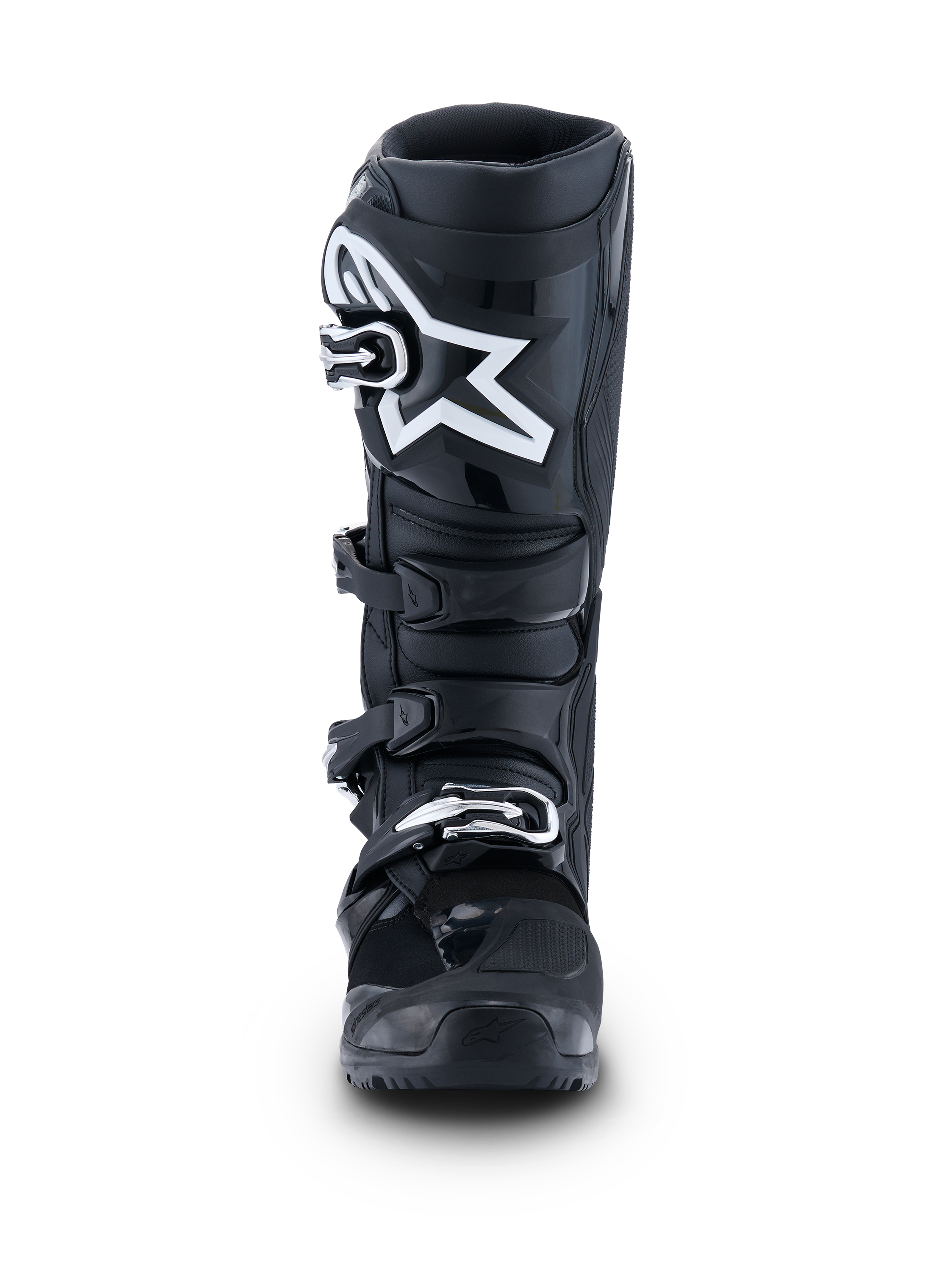 Stivali Alpinestars 2026 Tech 7 Enduro, nero antracite bianco, vista frontale con prominente logo a stella bianco sulla placca tibiale, sistema a quattro fibbie a sgancio rapido e struttura protettiva rinforzata per la guida enduro e off-road