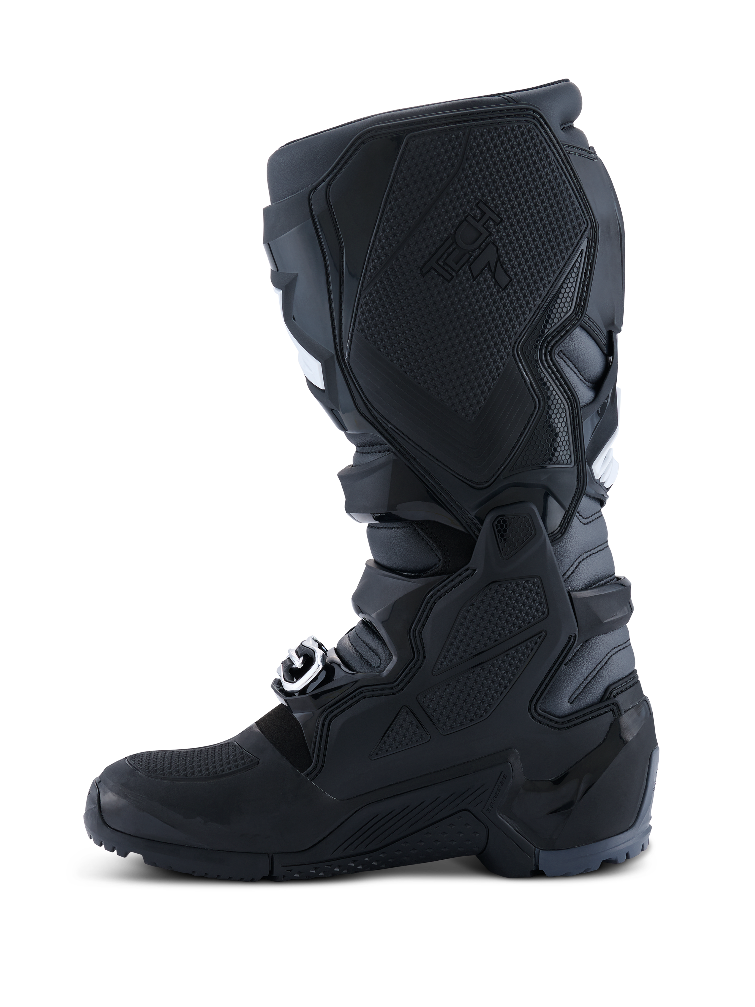 Alpinestars Tech 7 Enduro 2026, stivali da motocross ed enduro, Nero Antracite Bianco, vista laterale mediale che mostra il pannello in TPU testurizzato per il contatto con la moto, suola robusta a doppia mescola e resistente costruzione in microfibra.