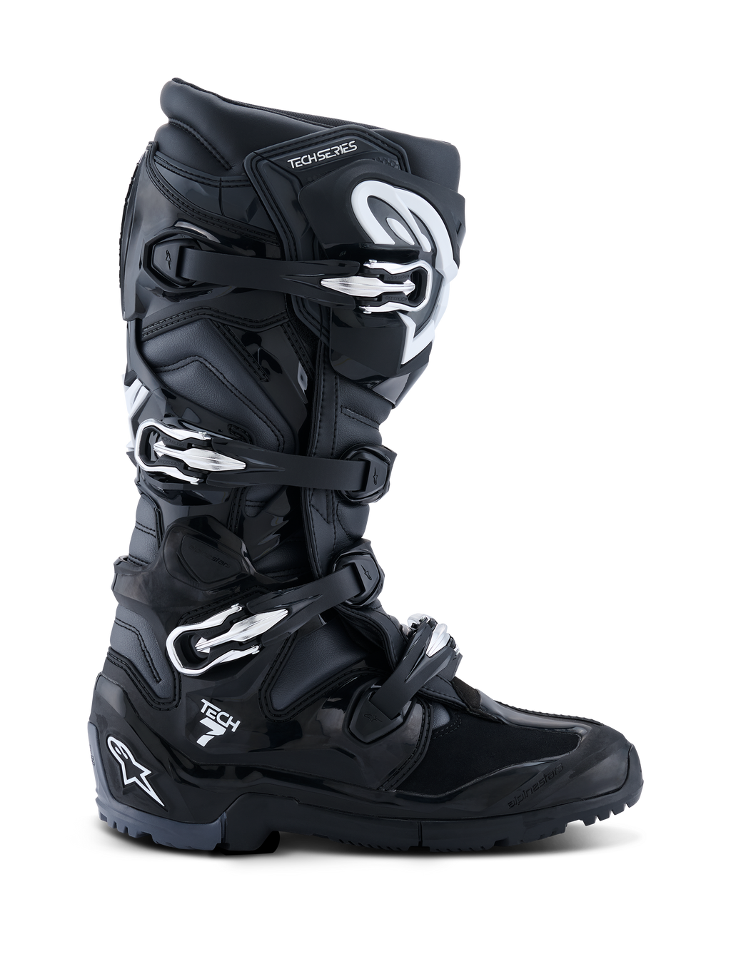 Stivali Alpinestars 2026 Tech 7 Enduro, nero antracite e bianco, stivali da moto per fuoristrada con sistema di chiusura a quattro fibbie, tomaia in microfibra rinforzata in PU e suola tassellata per terreni enduro, design con marchio Tech 7 sul tallone