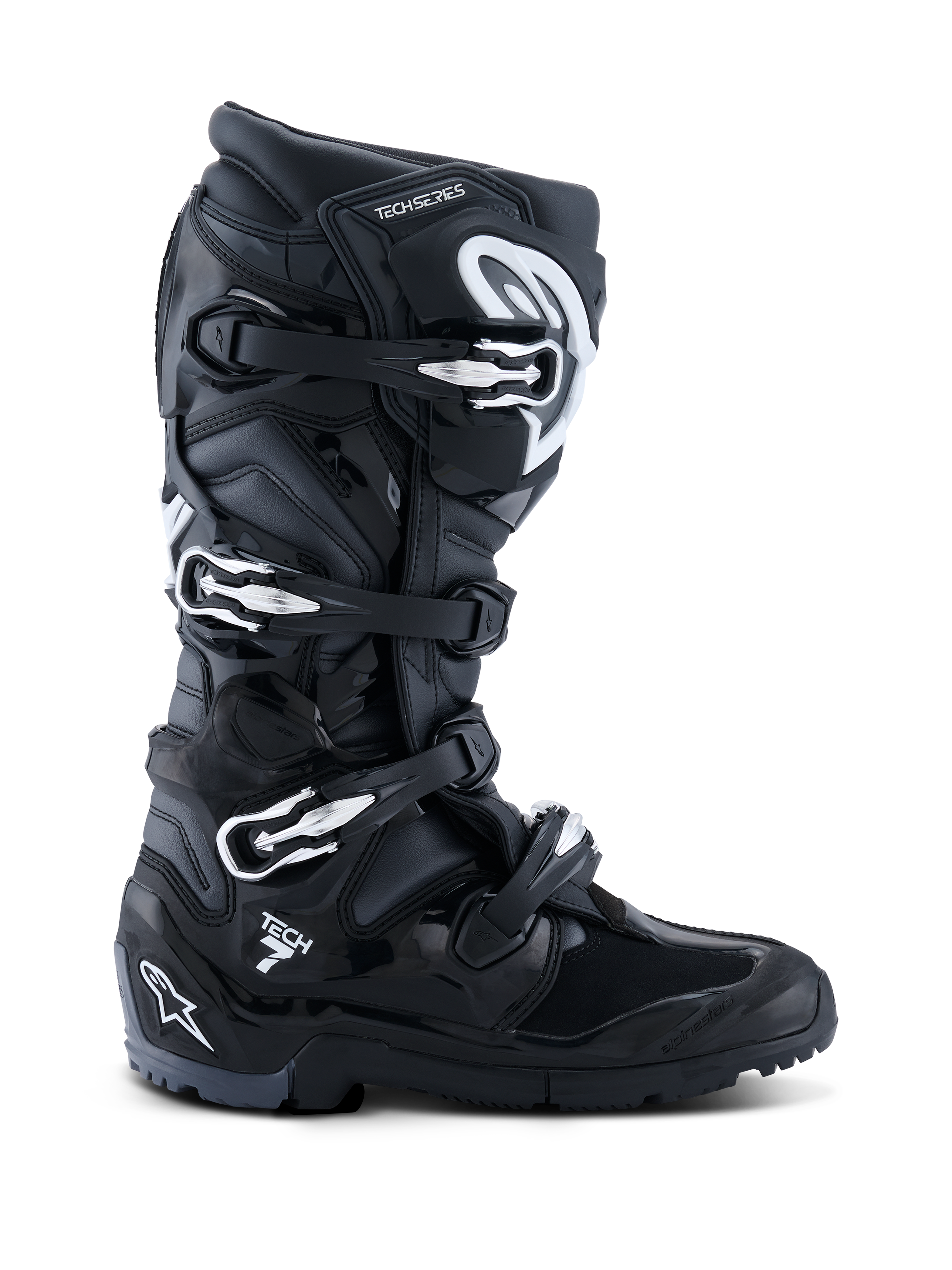 Stivali Alpinestars 2026 Tech 7 Enduro, nero antracite e bianco, stivali da moto per fuoristrada con sistema di chiusura a quattro fibbie, tomaia in microfibra rinforzata in PU e suola tassellata per terreni enduro, design con marchio Tech 7 sul tallone