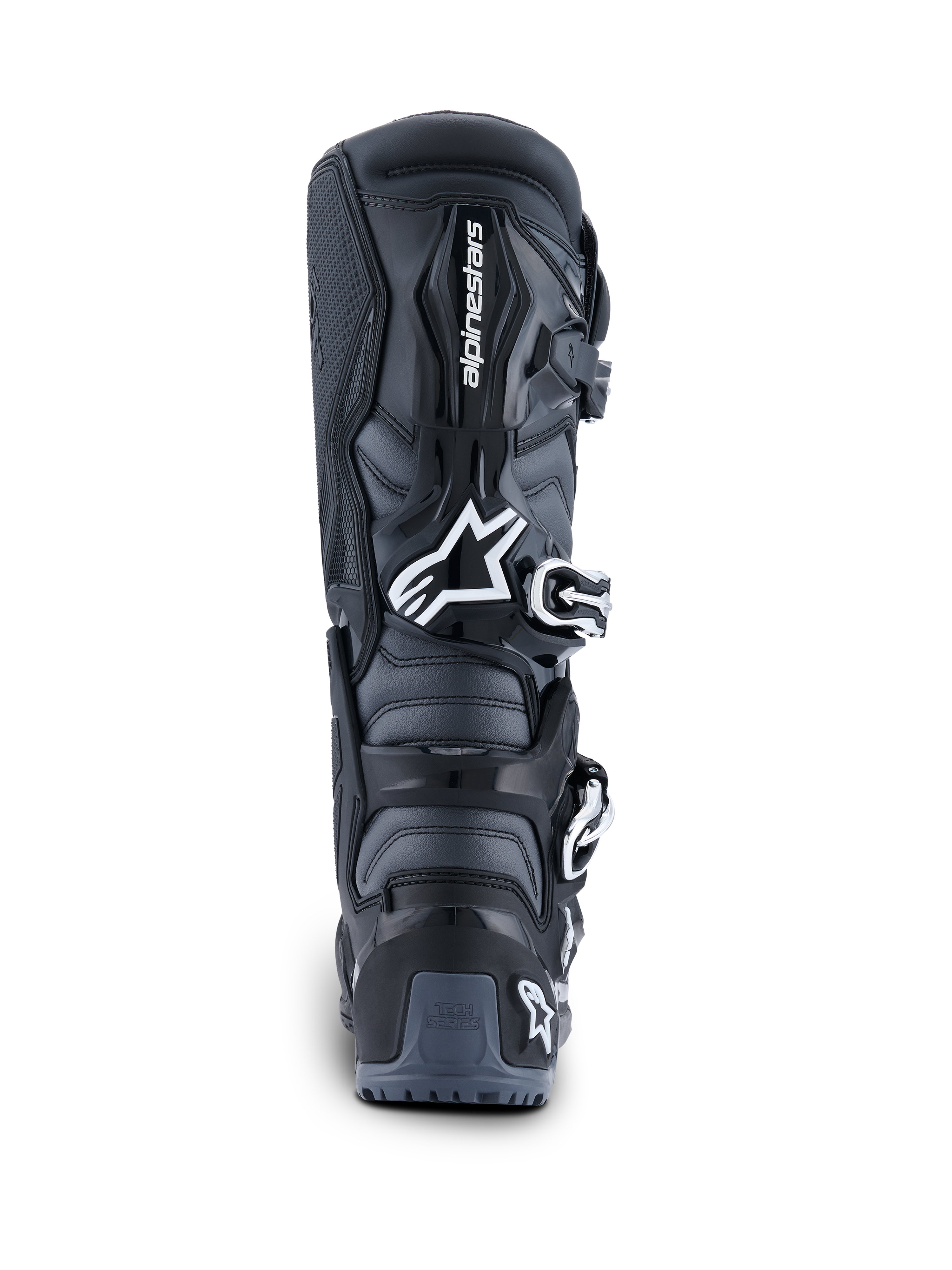 Alpinestars 2026 Tech 7 Enduro Boots, vista posteriore, nero antracite e bianco, stivali da moto fuoristrada con logo Astar bianco, sistema di chiusura con fibbie e protezione del tallone in TPU