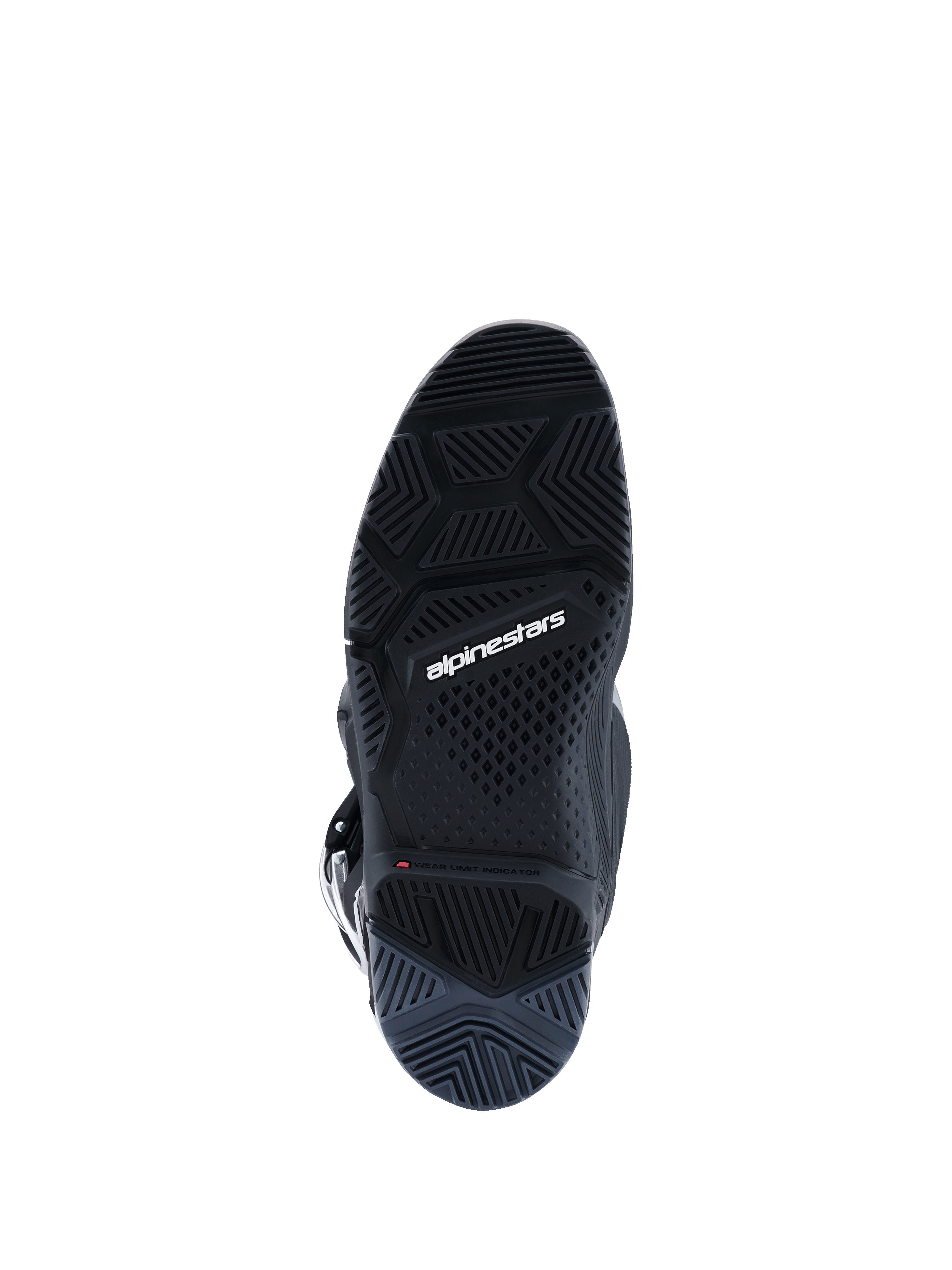 Stivali Alpinestars Tech 7 Enduro 2026, Nero Antracite Bianco, vista inferiore della suola a doppia mescola specifica per l'Enduro, trama del battistrada per trazione fuoristrada, logo Alpinestars bianco e indicatore del limite di usura