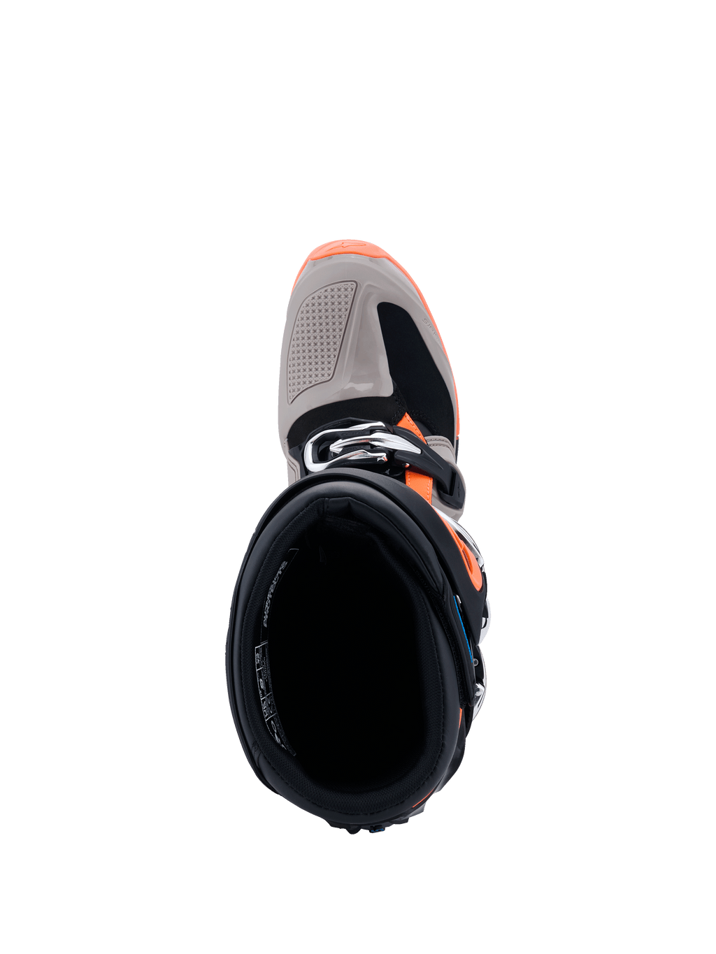 Alpinestars Tech 7 Enduro Boots 2026, vista dall'alto dell'apertura dello stivale, Nero Grigio Caldo e Arancione Fluo, mostra la chiusura a fibbia e il puntale rinforzato, calzature professionali da moto off-road