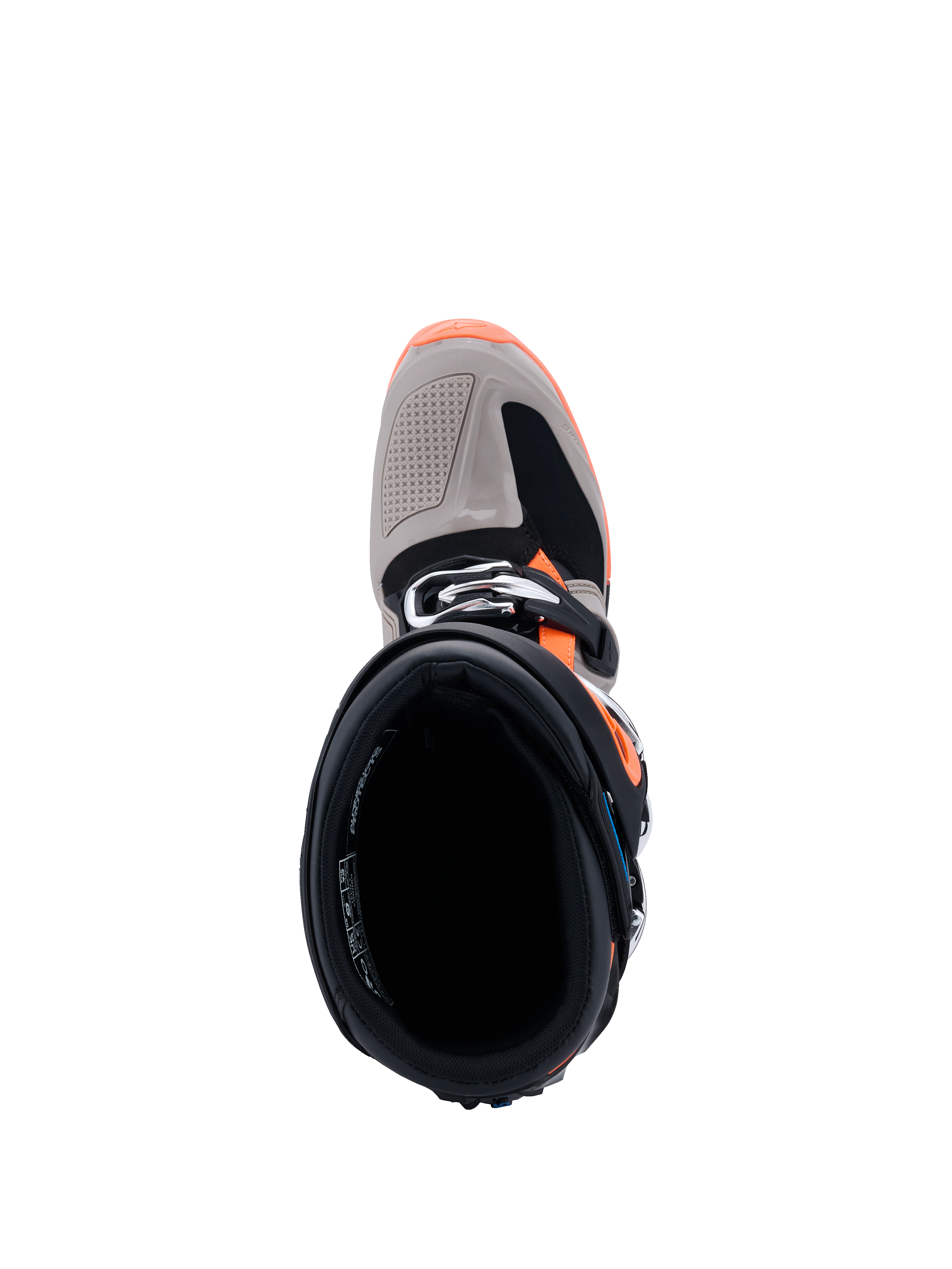 Alpinestars Tech 7 Enduro Boots 2026, vista dall'alto dell'apertura dello stivale, Nero Grigio Caldo e Arancione Fluo, mostra la chiusura a fibbia e il puntale rinforzato, calzature professionali da moto off-road