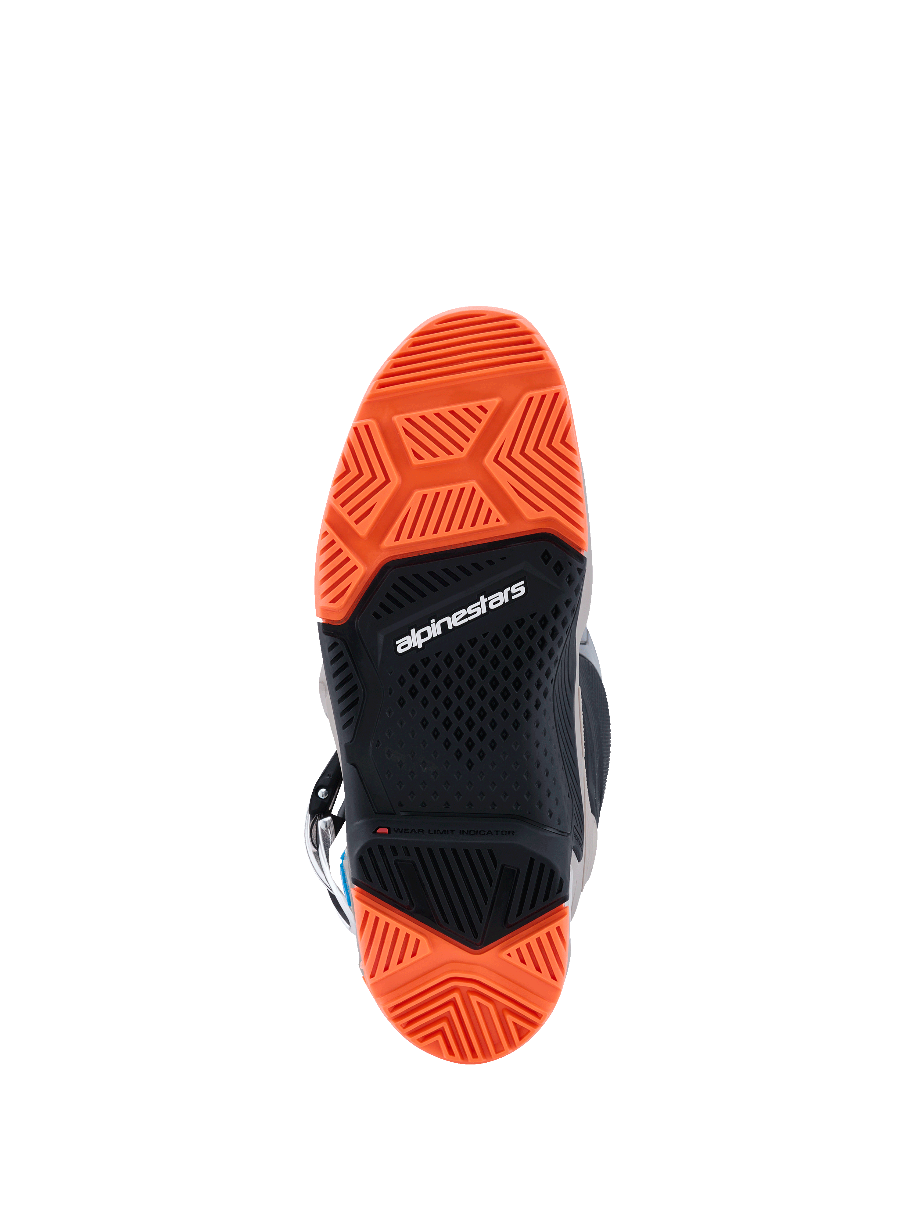 Stivali Alpinestars Tech 7 Enduro 2026, vista dal basso della suola specializzata bi-mescola, Nero e Arancione Fluo, battistrada con design complesso per un'aderenza off-road superiore, logo Alpinestars e indicatore di limite di usura.
