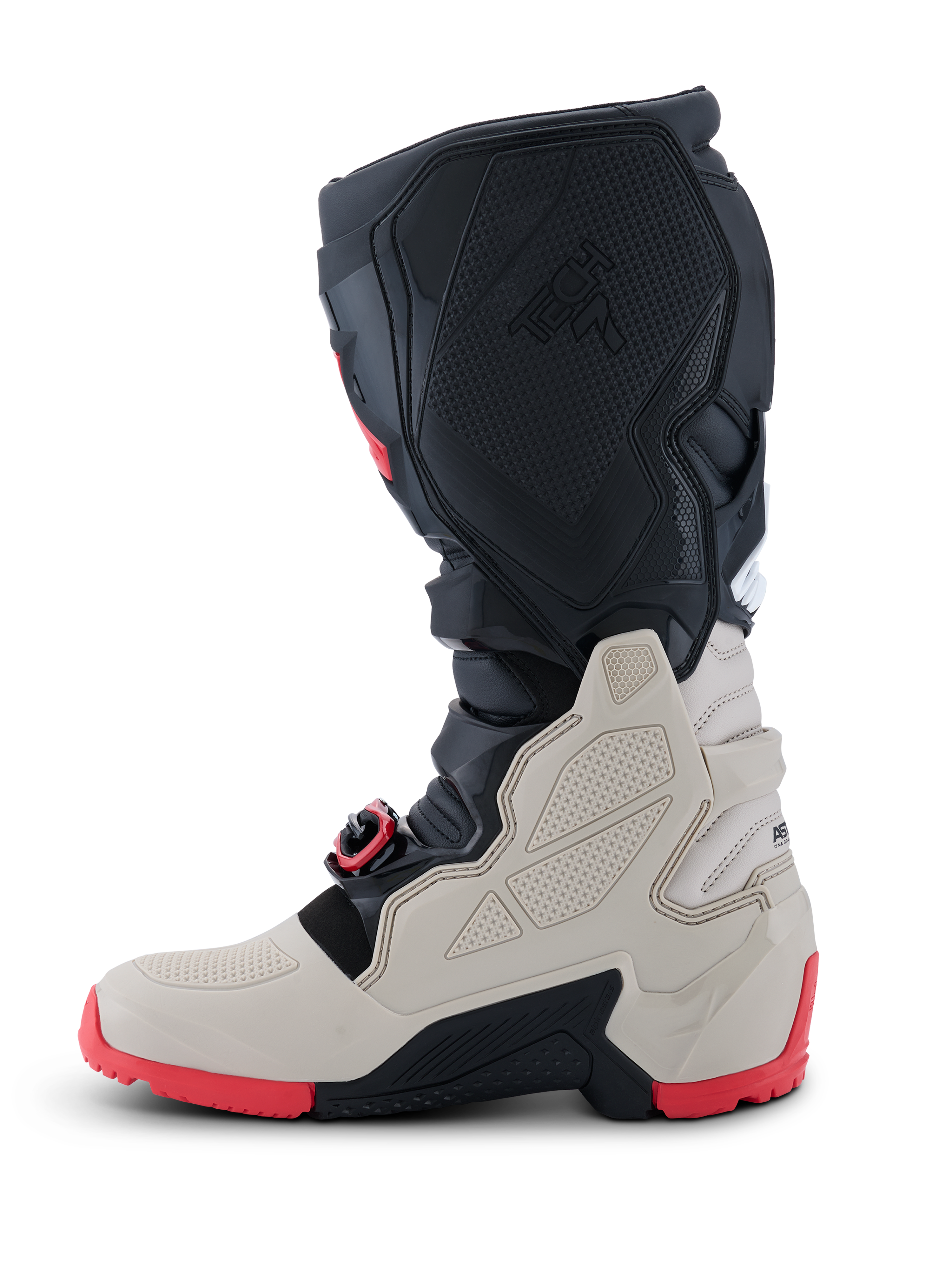 Alpinestars 2026 Tech 7 Enduro Boots, stivali da moto off-road, nero, grigio chiaro e rosso brillante, vista di profilo con pannelli protettivi in TPU, sistema di fibbie auto-allineanti e robusta suola rossa a doppia mescola per la guida enduro
