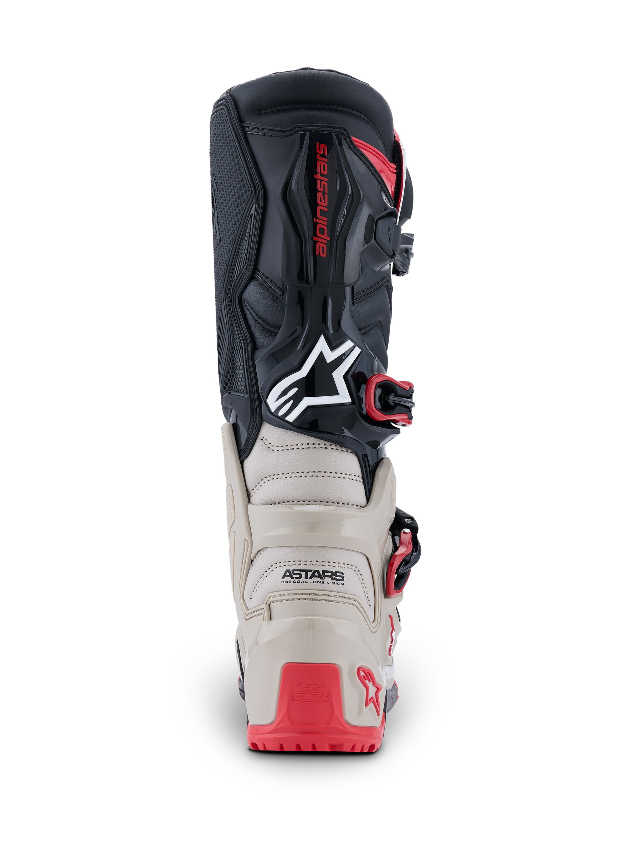 Stivali Alpinestars Tech 7 Enduro 2026, vista posteriore, nero, grigio chiaro e rosso acceso, con protezione in TPU rinforzato su tallone e polpaccio, logo Astars bianco e accenti rossi sulle fibbie, costruzione resistente per gare fuoristrada