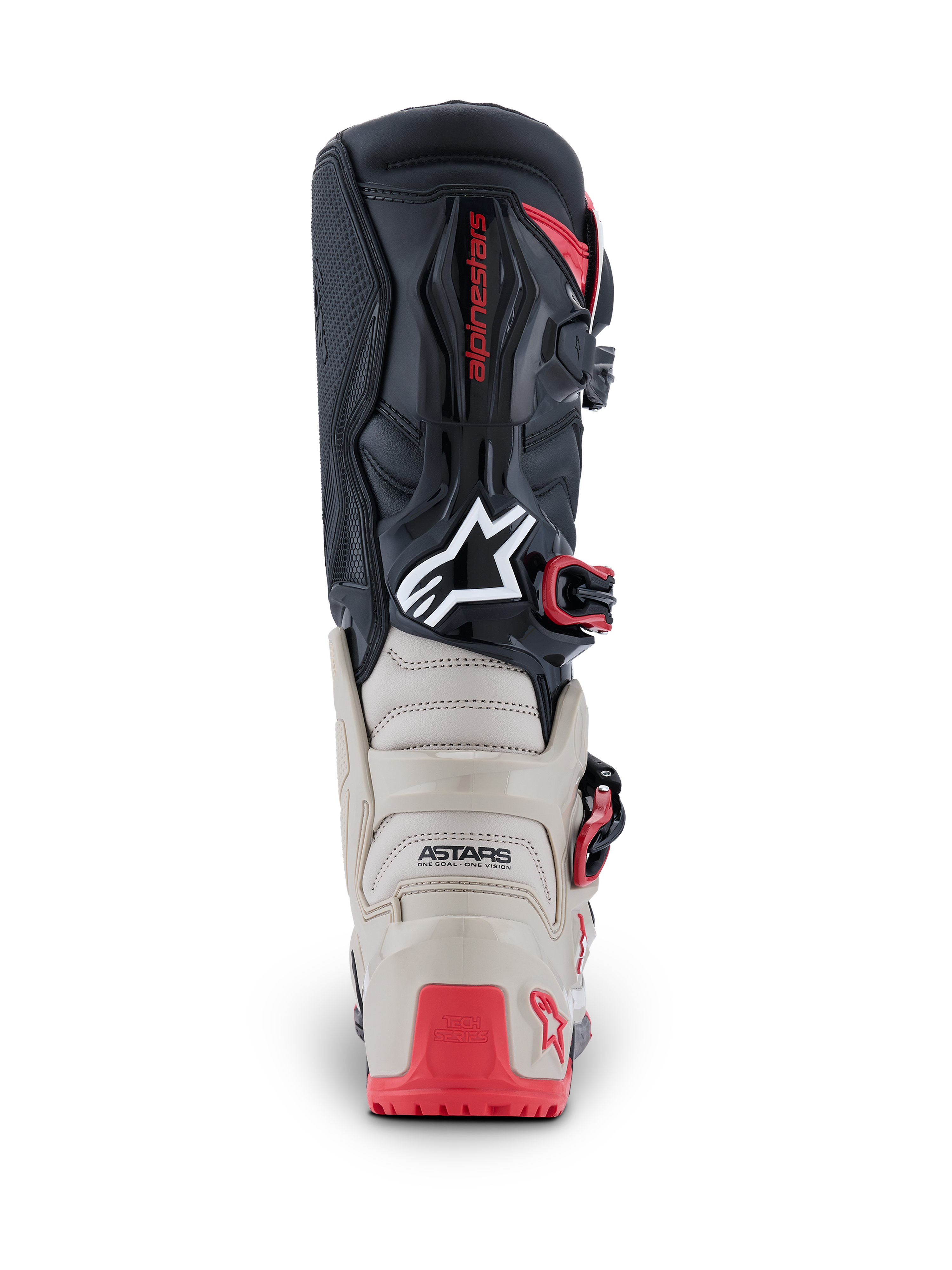Stivali Alpinestars Tech 7 Enduro 2026, vista posteriore, nero, grigio chiaro e rosso acceso, con protezione in TPU rinforzato su tallone e polpaccio, logo Astars bianco e accenti rossi sulle fibbie, costruzione resistente per gare fuoristrada