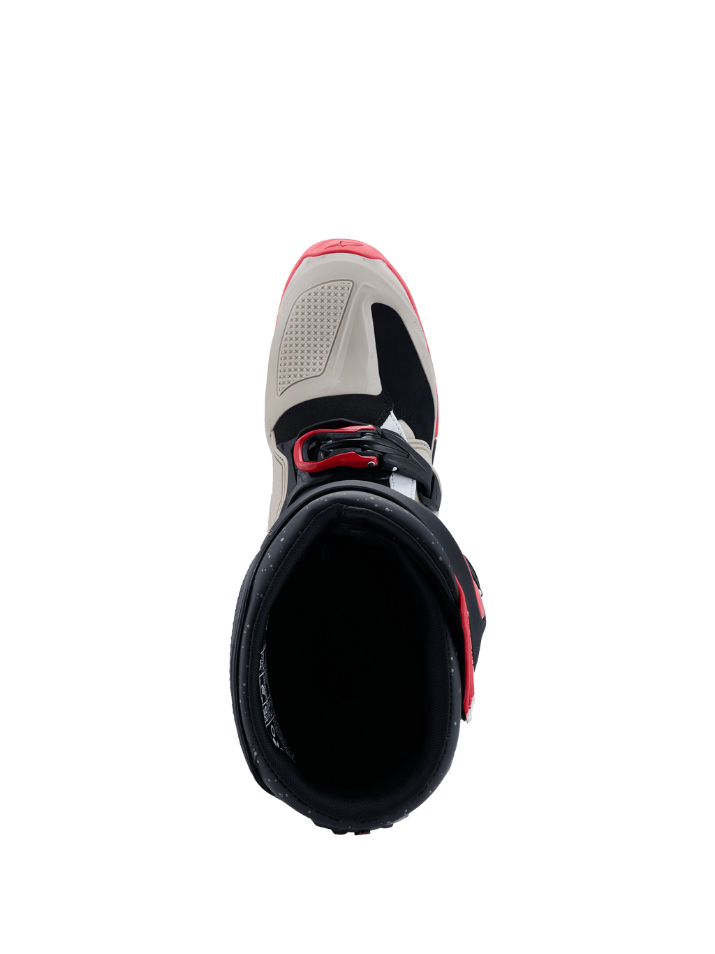 Stivali Alpinestars Tech 7 Enduro 2026, nero, grigio chiaro e rosso acceso, vista dall'alto che mostra l'apertura dello stivale e il puntale, con rinforzi in TPU grigio chiaro e dettagli rossi delle fibbie, calzature specializzate per il fuoristrada