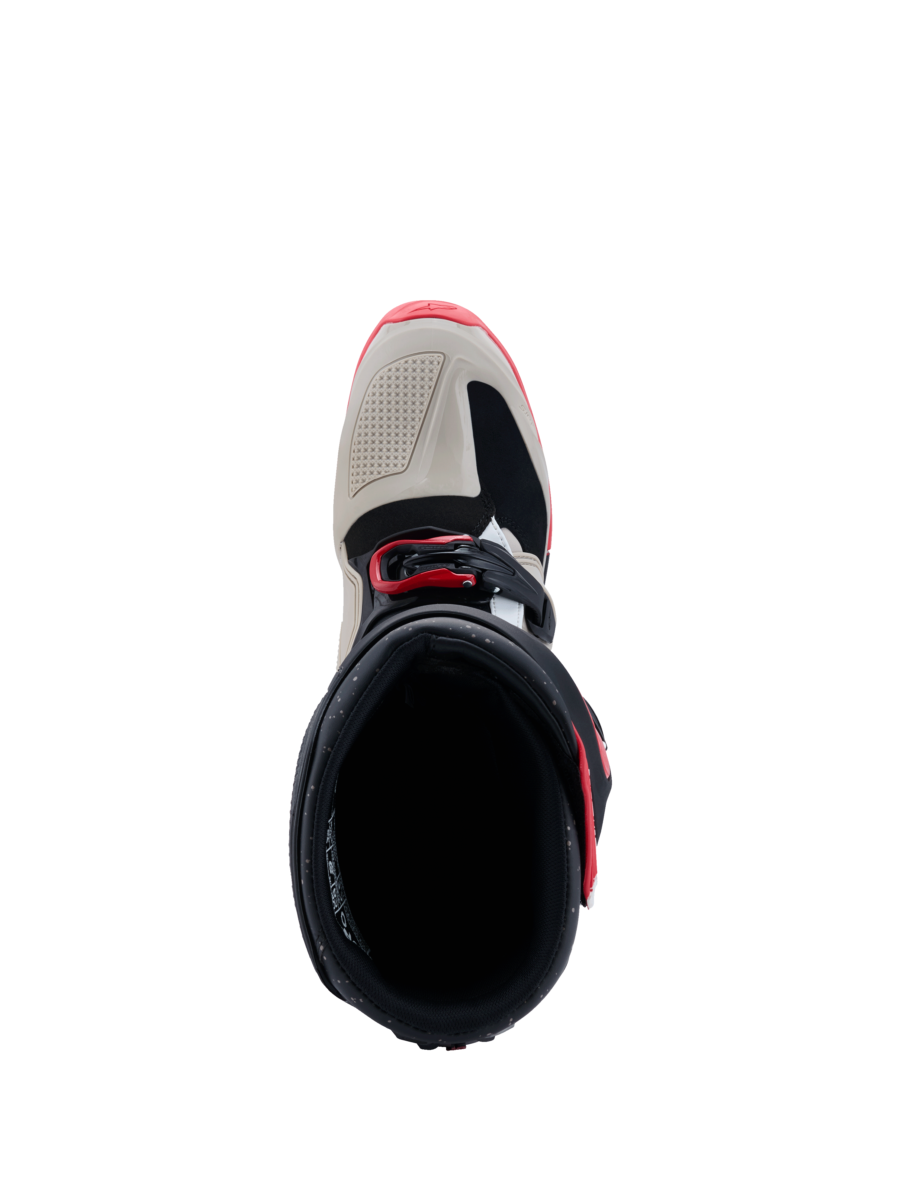 Stivali Alpinestars Tech 7 Enduro 2026, nero, grigio chiaro e rosso acceso, vista dall'alto che mostra l'apertura dello stivale e il puntale, con rinforzi in TPU grigio chiaro e dettagli rossi delle fibbie, calzature specializzate per il fuoristrada