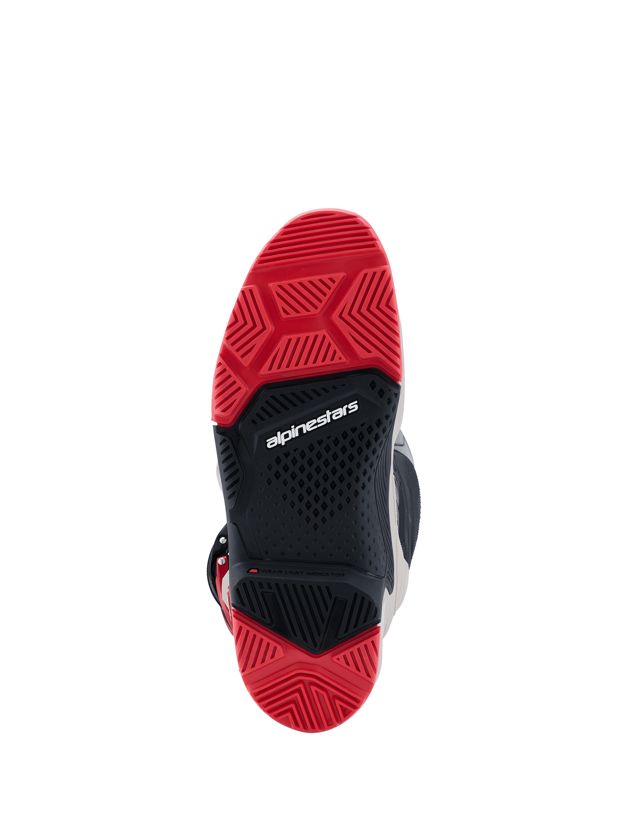 Alpinestars 2026 Tech 7 Enduro Boots, vista dal basso della suola a doppia mescola, gomma rosso brillante e nera con battistrada specializzato per il grip fuoristrada, logo Alpinestars bianco al centro