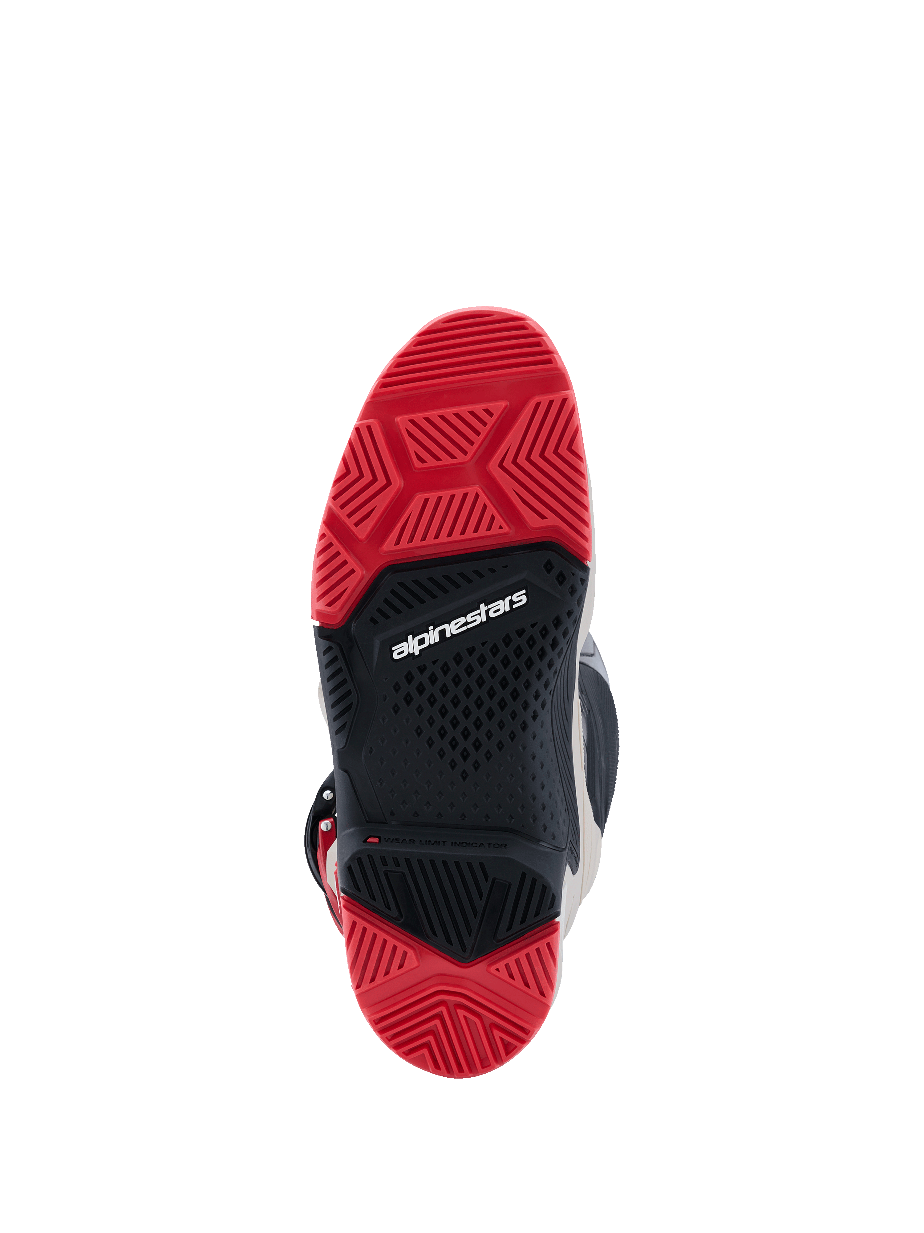 Alpinestars 2026 Tech 7 Enduro Boots, vista dal basso della suola a doppia mescola, gomma rosso brillante e nera con battistrada specializzato per il grip fuoristrada, logo Alpinestars bianco al centro