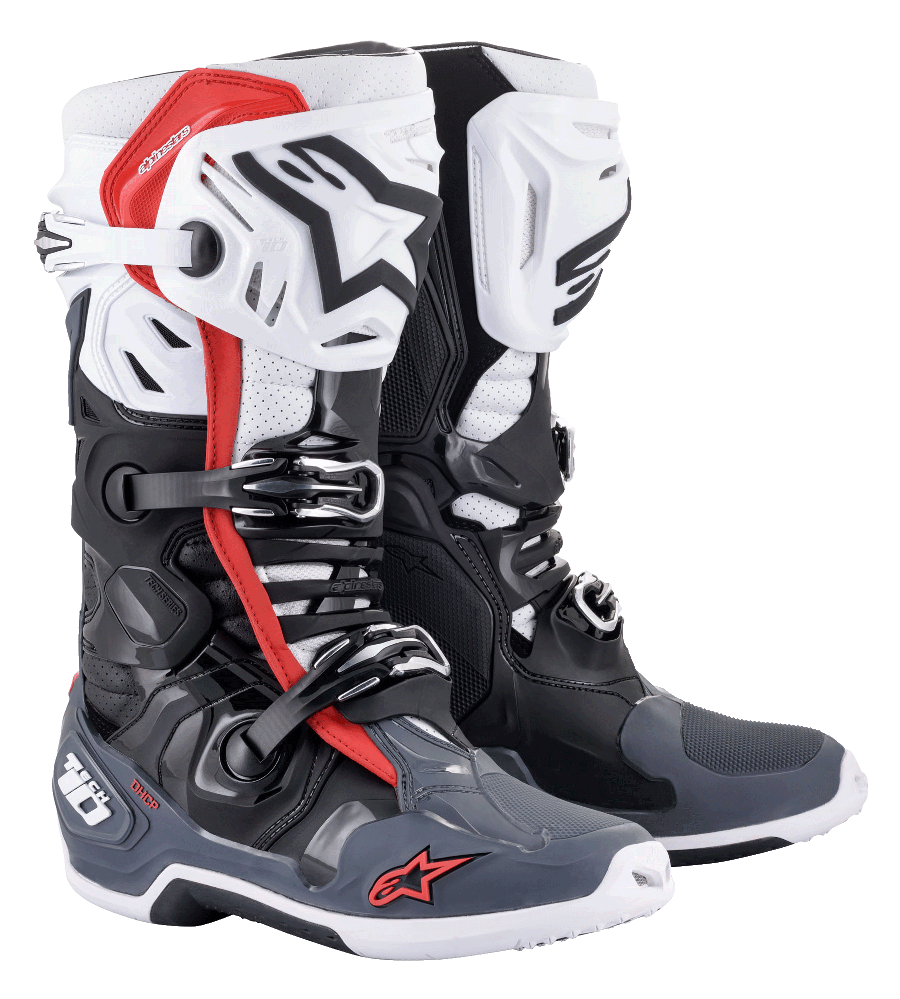 Alpinestars Tech 10 Supervented Boots, stivali da motocross, nero, bianco, grigio medio e rosso, con placche tibiali ventilate, costruzione in microfibra traforata per il flusso d'aria, sistema di chiusura a fibbie multiple e logo Alpinestars su punta e tallone