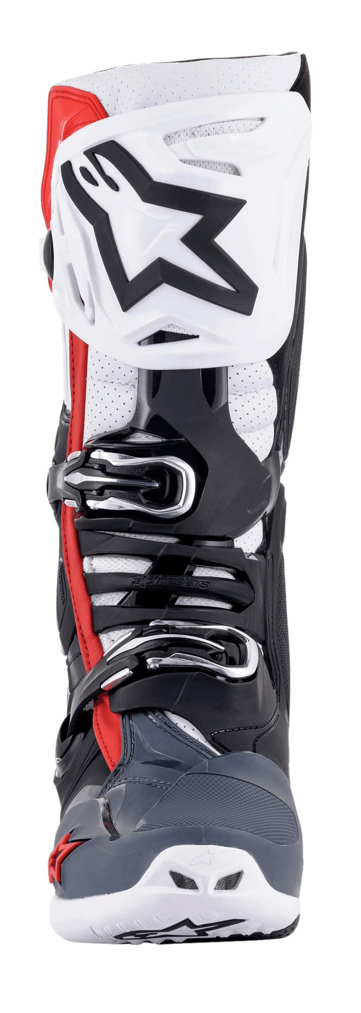 Stivali Alpinestars Tech 10 Supervented, vista frontale, nero, bianco, grigio medio e rosso, con piastra tibiale ventilata e grande logo a stella nero, sistema di fibbie micro-regolabili, zone traforate per il flusso d'aria e telaio protettivo in TPU resistente per il motocross