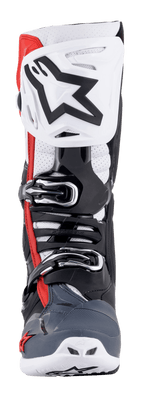 Stivali Alpinestars Tech 10 Supervented, vista frontale, nero, bianco, grigio medio e rosso, con piastra tibiale ventilata e grande logo a stella nero, sistema di fibbie micro-regolabili, zone traforate per il flusso d'aria e telaio protettivo in TPU resistente per il motocross