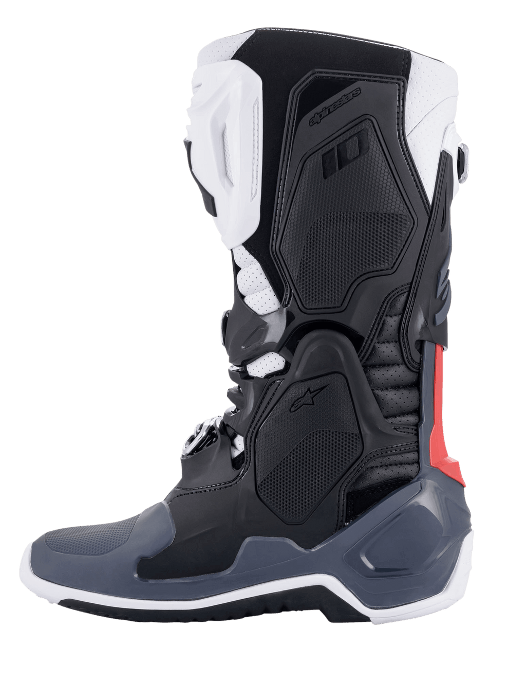 Stivali Alpinestars Tech 10 Supervented, stivali da motocross, nero, bianco, grigio medio e rosso, vista laterale, con pannelli in TPU ventilati, struttura in microfibra traforata e suola ad alte prestazioni per guida fuoristrada