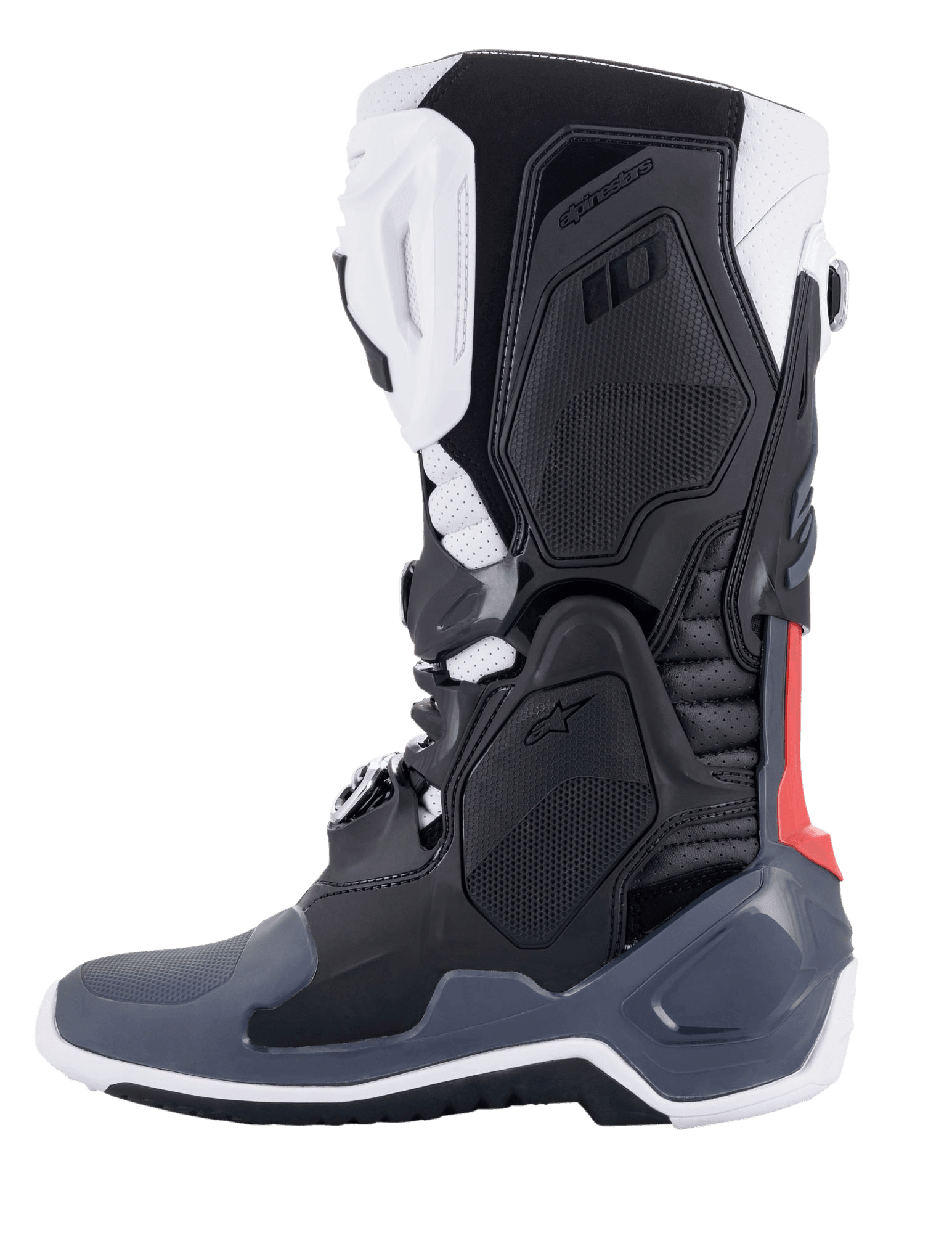 Stivali Alpinestars Tech 10 Supervented, stivali da motocross, nero, bianco, grigio medio e rosso, vista laterale, con pannelli in TPU ventilati, struttura in microfibra traforata e suola ad alte prestazioni per guida fuoristrada