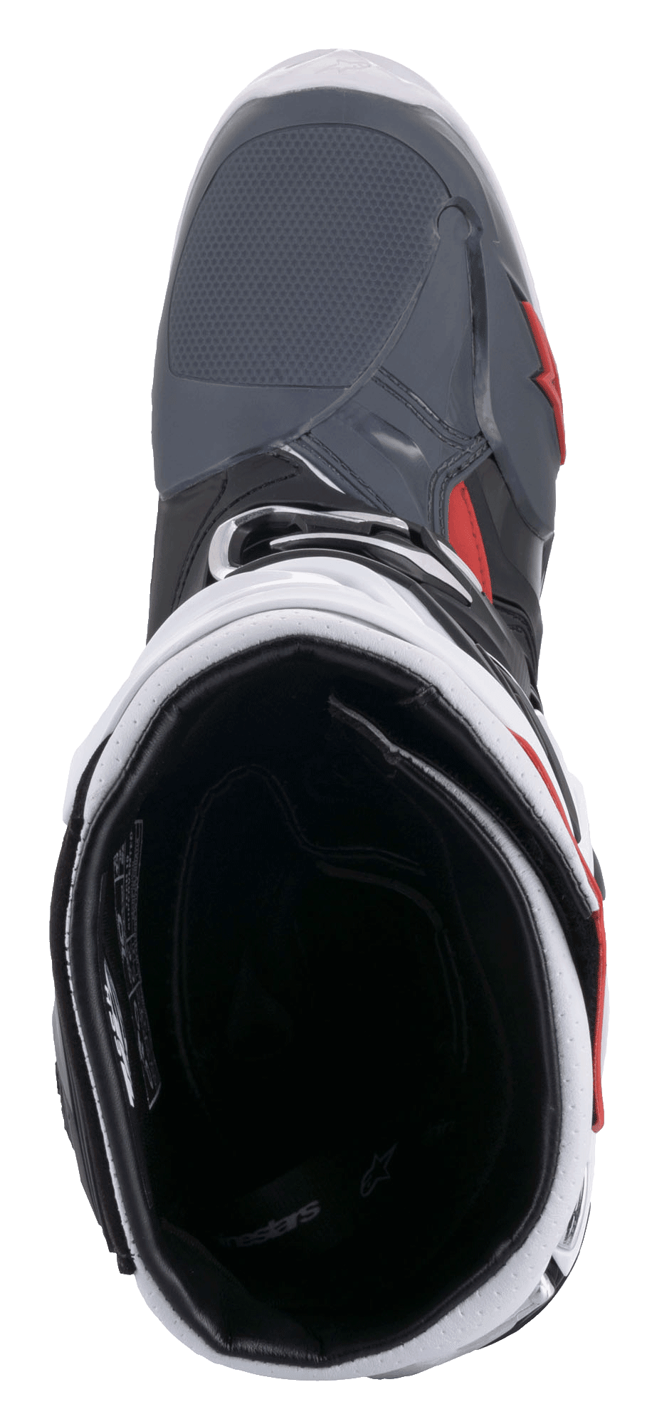 Stivali Alpinestars Tech 10 Supervented, stivali da motocross, nero, bianco, grigio medio e rosso, vista dall'alto dell'interno con fodera in rete e colletto imbottito, design tecnico per prestazioni a flusso d'aria elevato