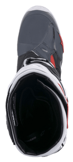 Stivali Alpinestars Tech 10 Supervented, stivali da motocross, nero, bianco, grigio medio e rosso, vista dall'alto dell'interno con fodera in rete e colletto imbottito, design tecnico per prestazioni a flusso d'aria elevato