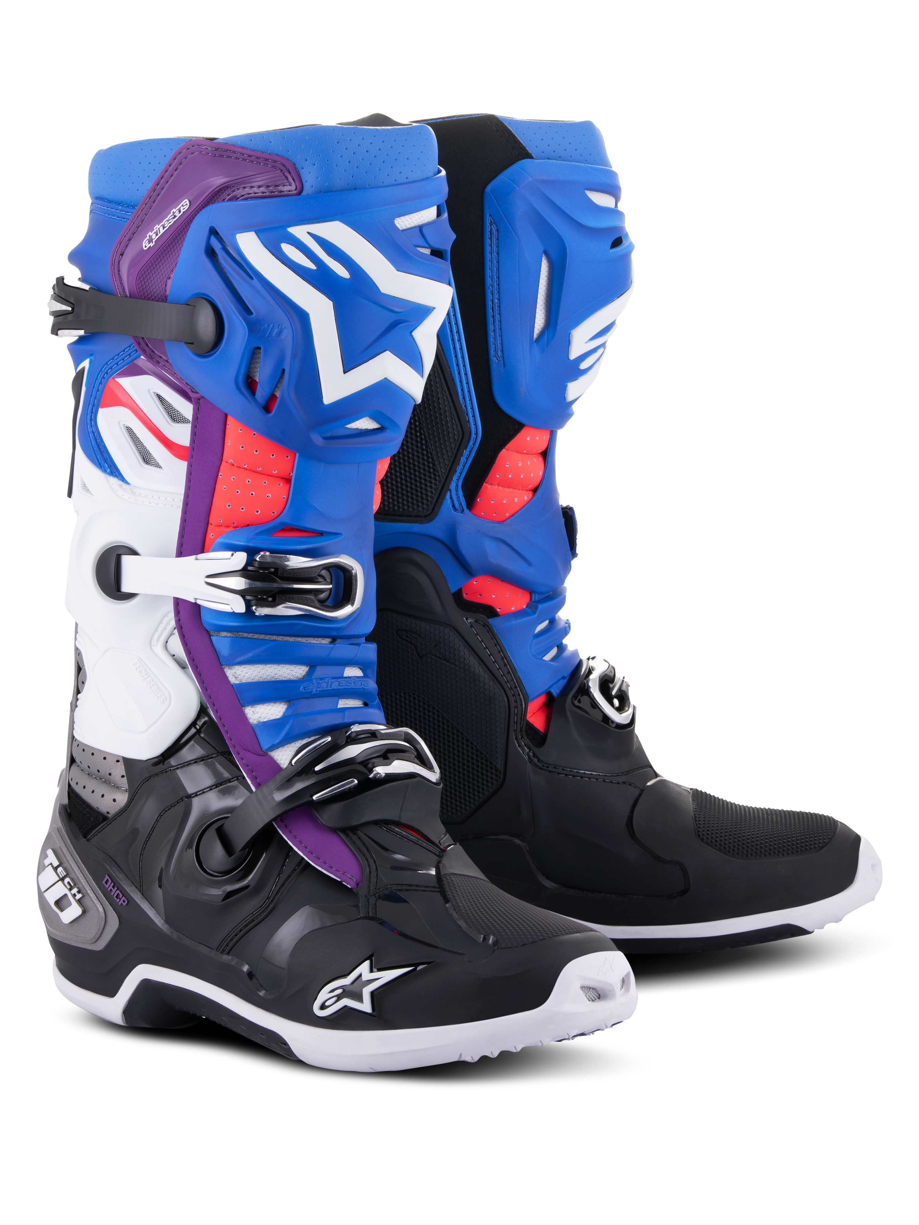 Stivali Alpinestars Tech 10 Supervented, stivali da motocross, nero, blu smalto, viola e bianco, con placche tibiali ventilate, logo Alpinestars bianco, dettagli in rete rossa e chiusure con fibbie per prestazioni fuoristrada