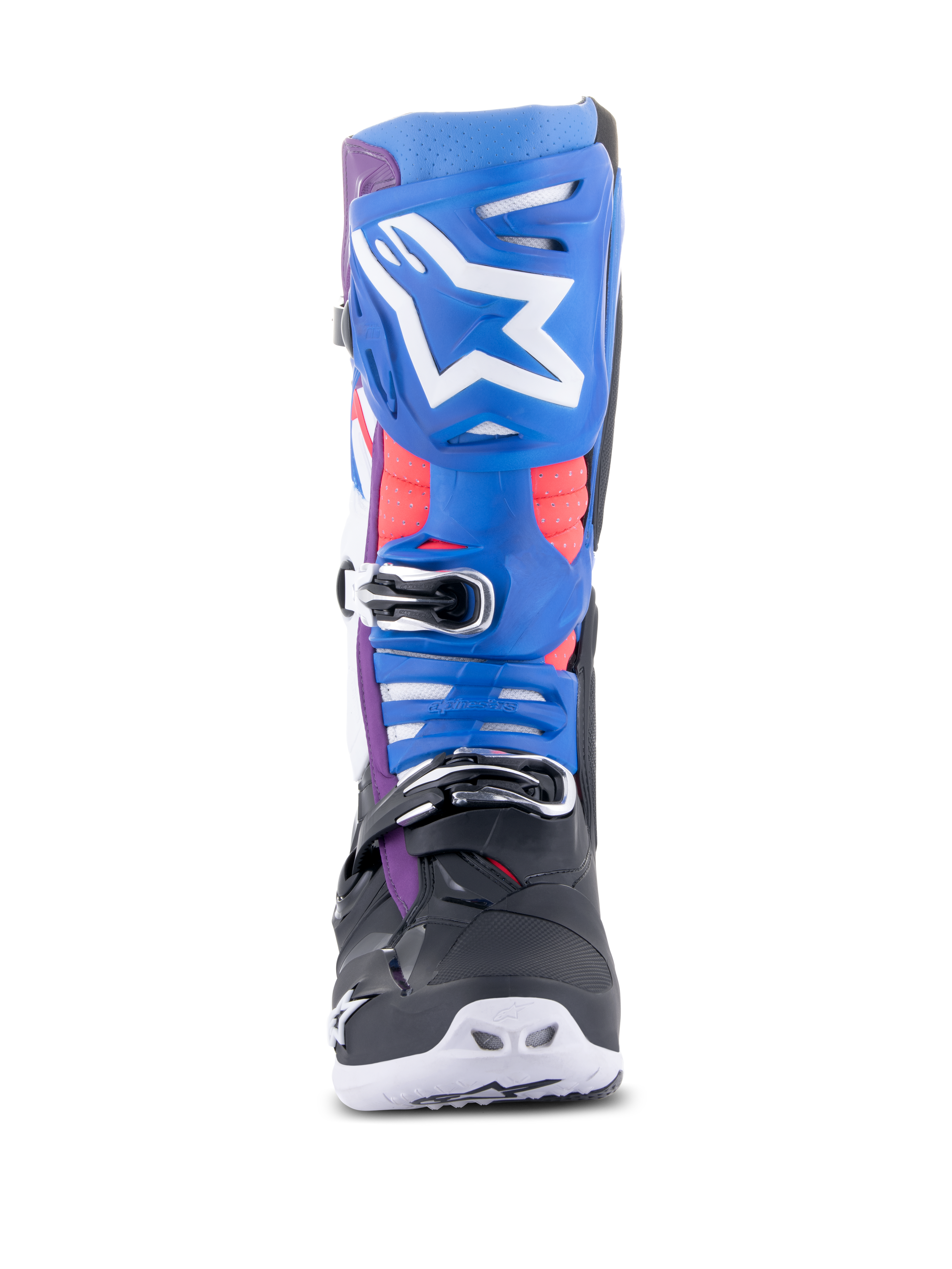 Alpinestars Tech 10 Supervented Boots, stivali da motocross, nero, blu, viola e bianco, vista frontale con placca tibiale blu e logo a stella bianco, fibbie con dettagli cromati e struttura ventilata per gare fuoristrada.