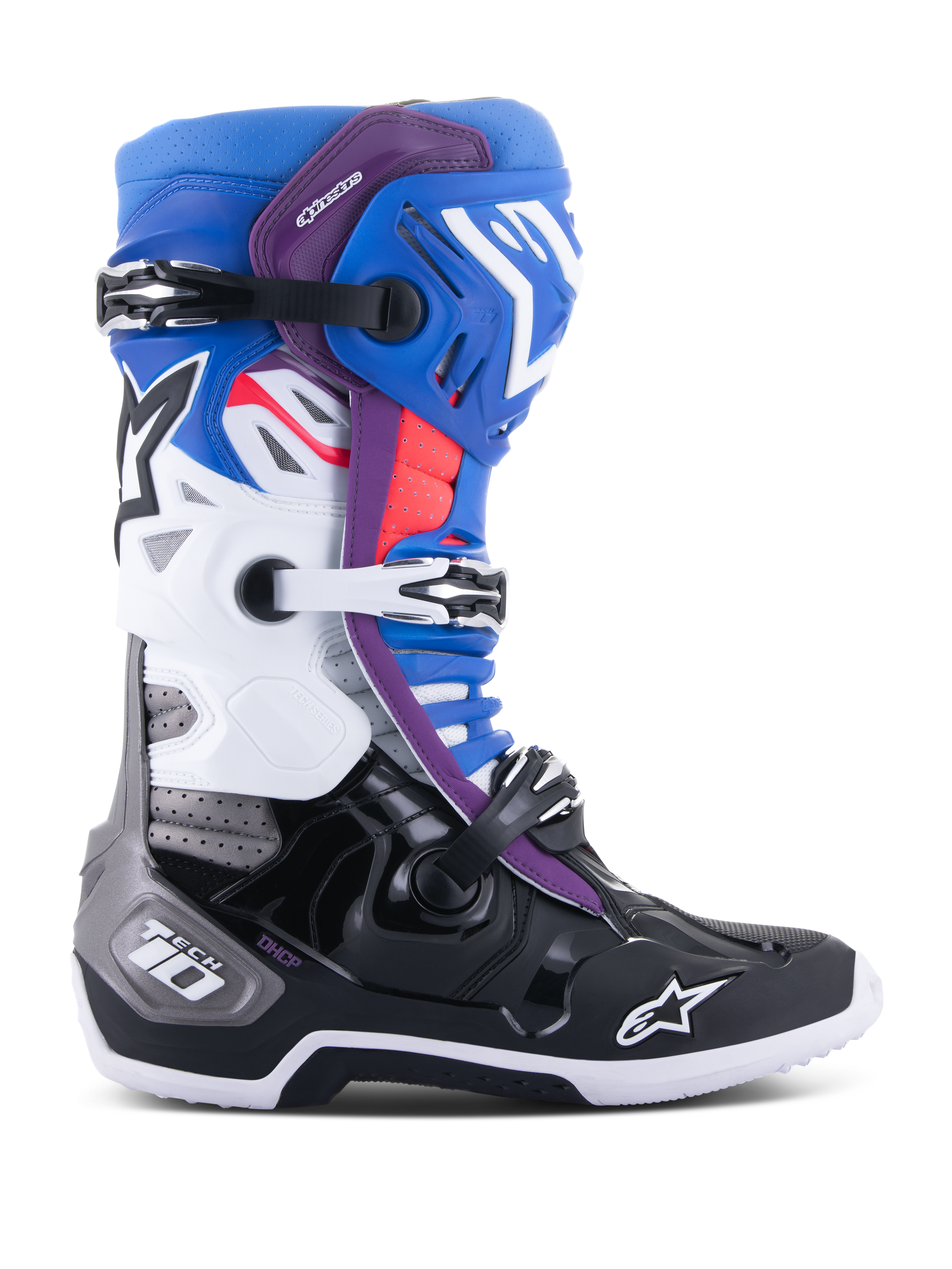 Stivali Alpinestars Tech 10 Supervented, stivali da motocross racing, blu, viola, bianco, nero e rosso, vista di profilo laterale con sistema di chiusura a tre fibbie, zone ventilate e logo Alpinestars a stella