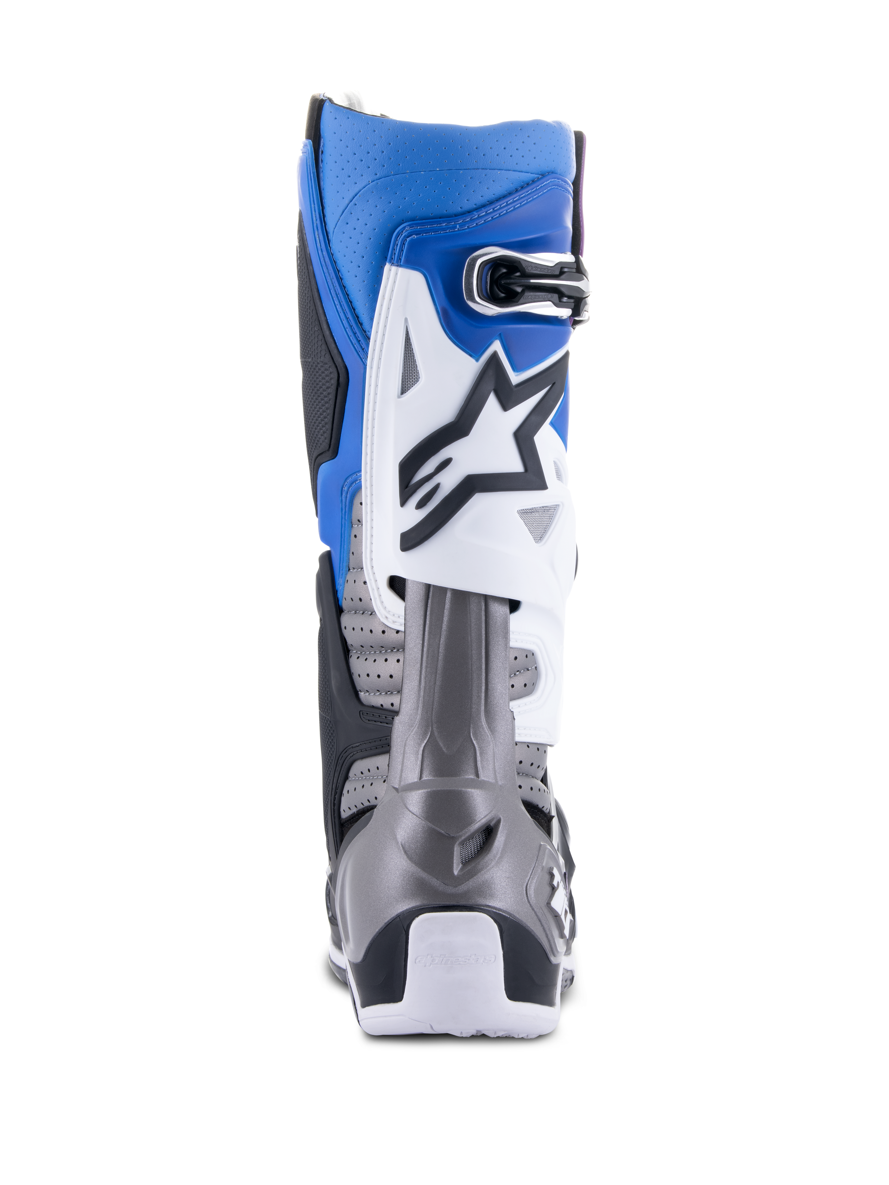 Alpinestars Tech 10 Supervented Boots, stivali da motocross, nero smaltato blu viola bianco, vista posteriore con microfibra traforata per la ventilazione, tomaia blu e bianca con protezione del tallone grigia, abbigliamento tecnico da competizione off-road