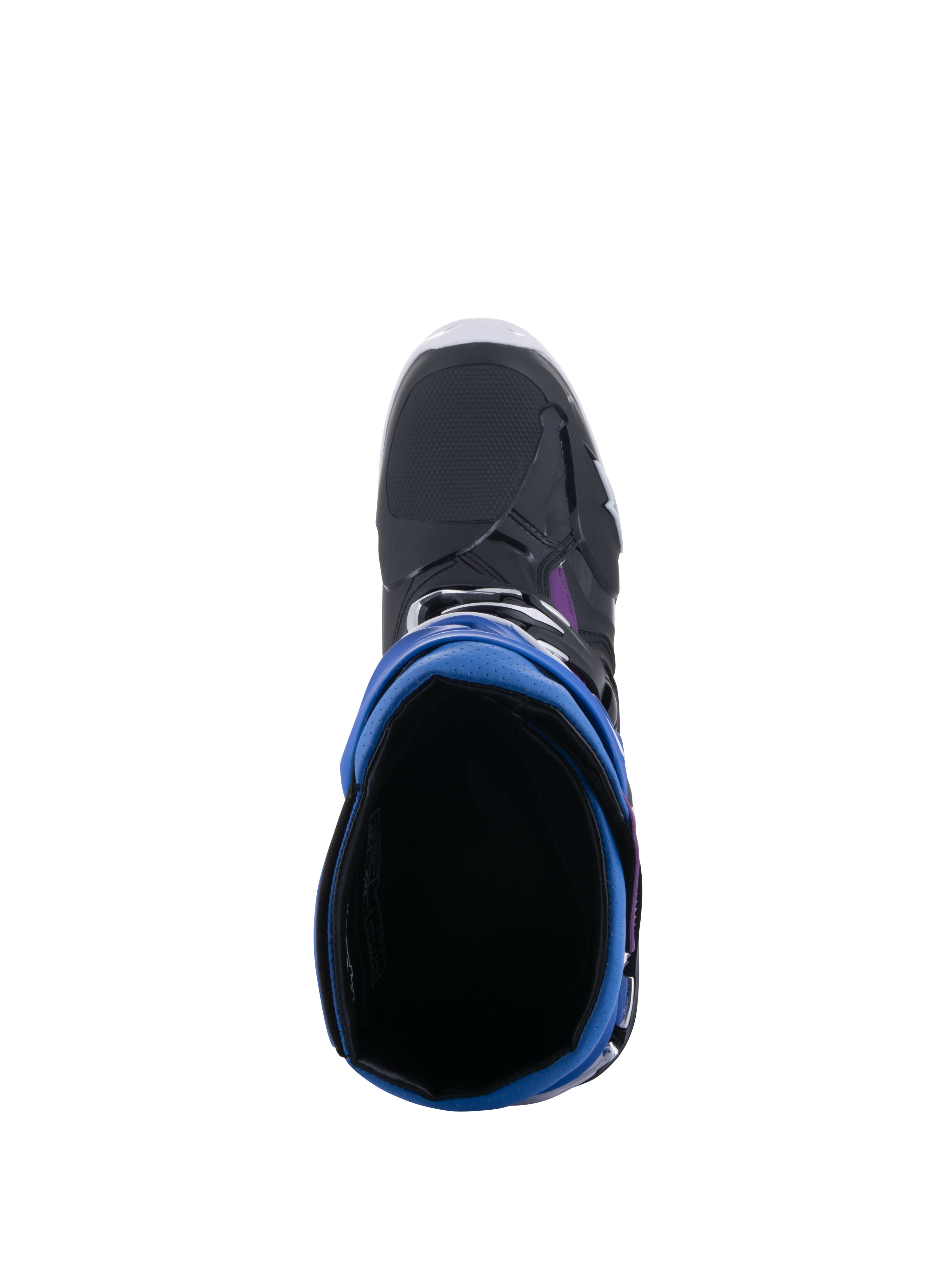 Stivali Alpinestars Tech 10 Supervented, vista dall'alto verso l'interno dell'apertura dello stivale, colorazione Black Enamel Blue Purple White, che mostra la fodera in rete 3D e la ghetta blu, calzatura da motocross ad alte prestazioni