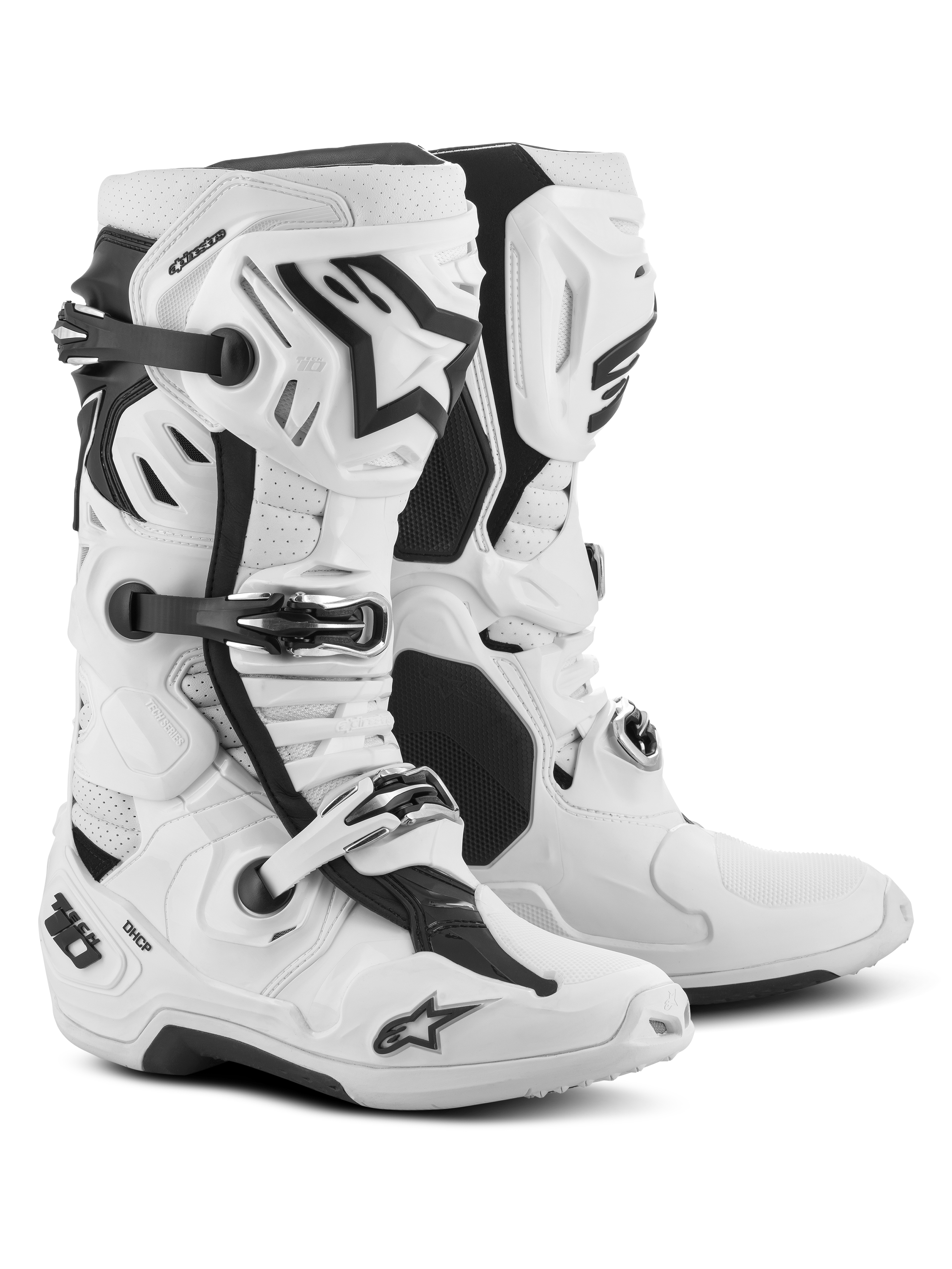 Stivali Alpinestars Tech 10 Supervented, stivali da motocross, bianchi, con prese d'aria frontali, piastra tibiale ventilata e sistema di fibbie regolabili, calzature da gara fuoristrada ad alte prestazioni