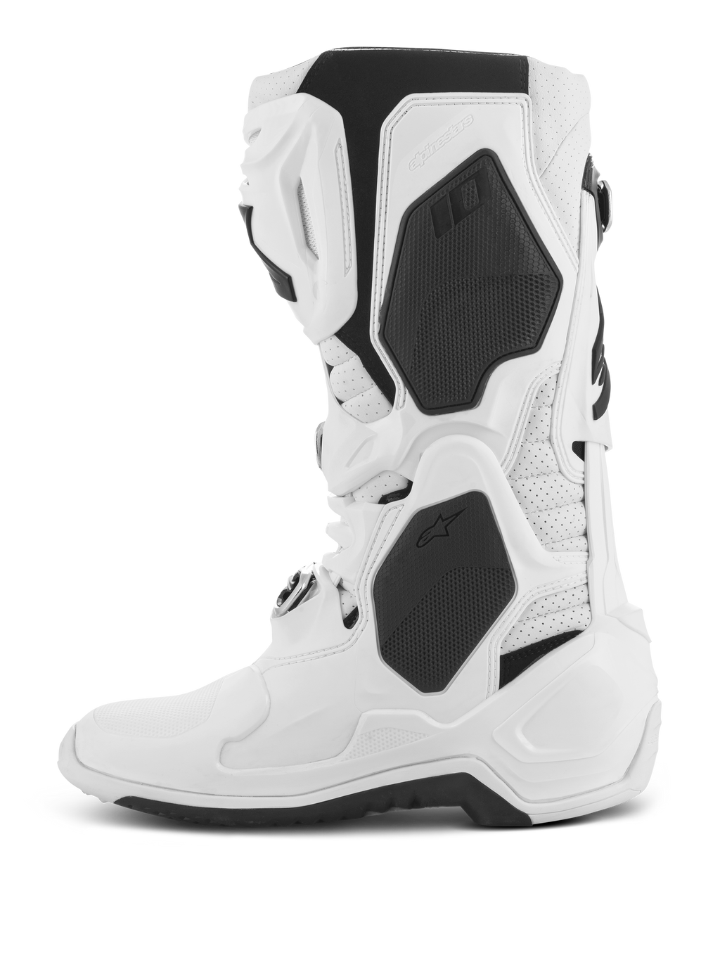 Stivali Alpinestars Tech 10 Supervented, stivali da motocross, bianco, vista di profilo laterale, con pannelli in TPU neri e costruzione in microfibra traforata, piastra tibiale ventilata per un elevato flusso d'aria, calzature professionali per corse off-road