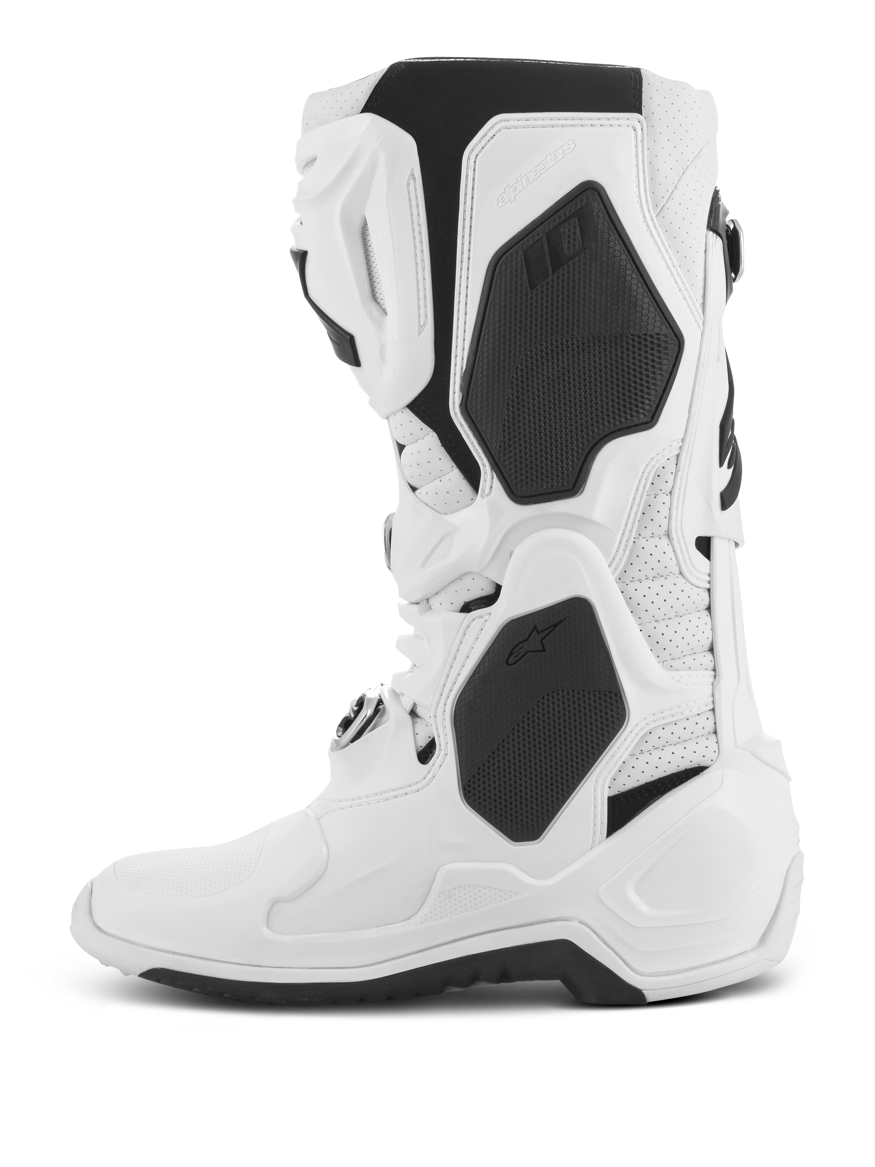 Stivali Alpinestars Tech 10 Supervented, stivali da motocross, bianco, vista di profilo laterale, con pannelli in TPU neri e costruzione in microfibra traforata, piastra tibiale ventilata per un elevato flusso d'aria, calzature professionali per corse off-road